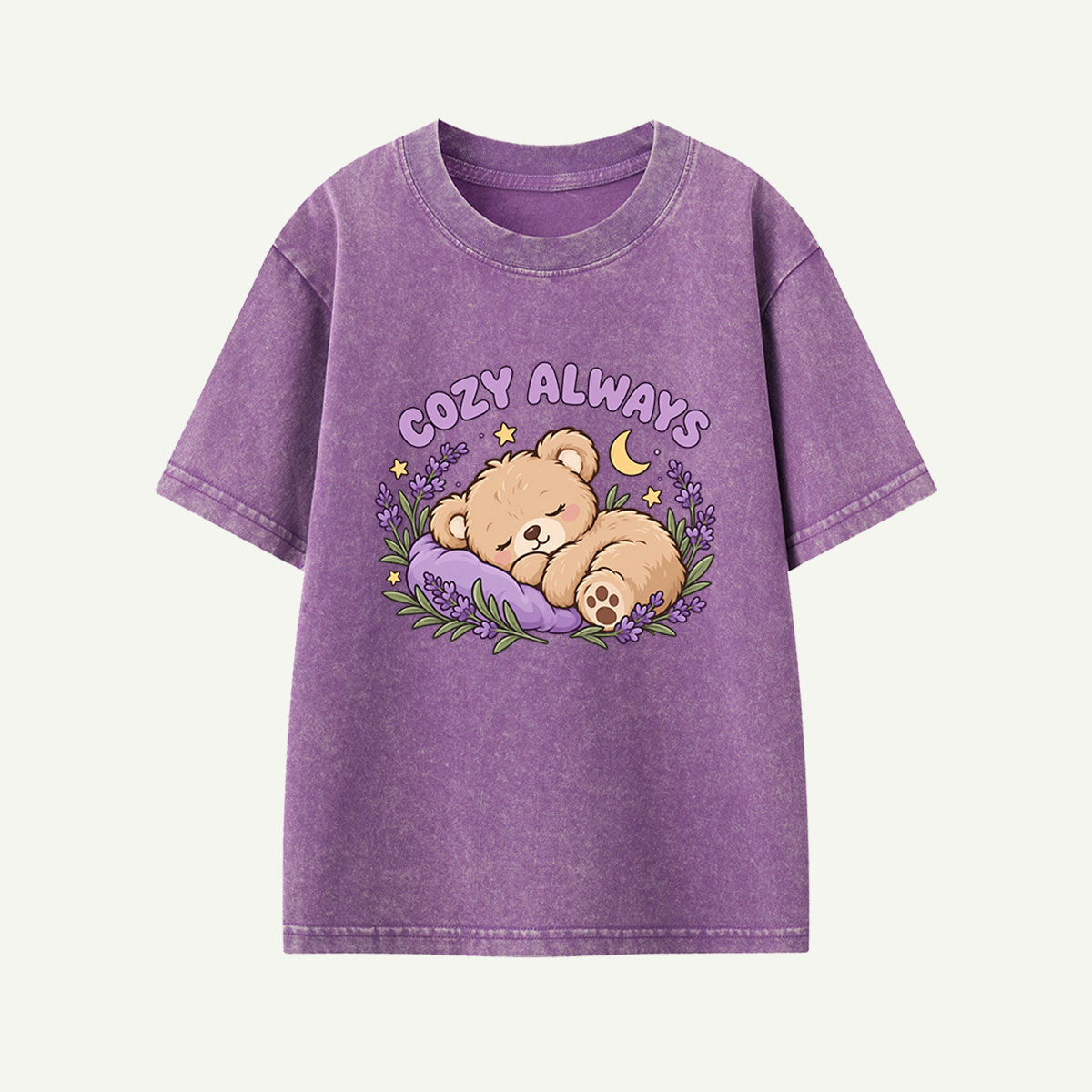 Cozy Always Sleepy Bear Floral Graphic Kids Washed T-Shirt