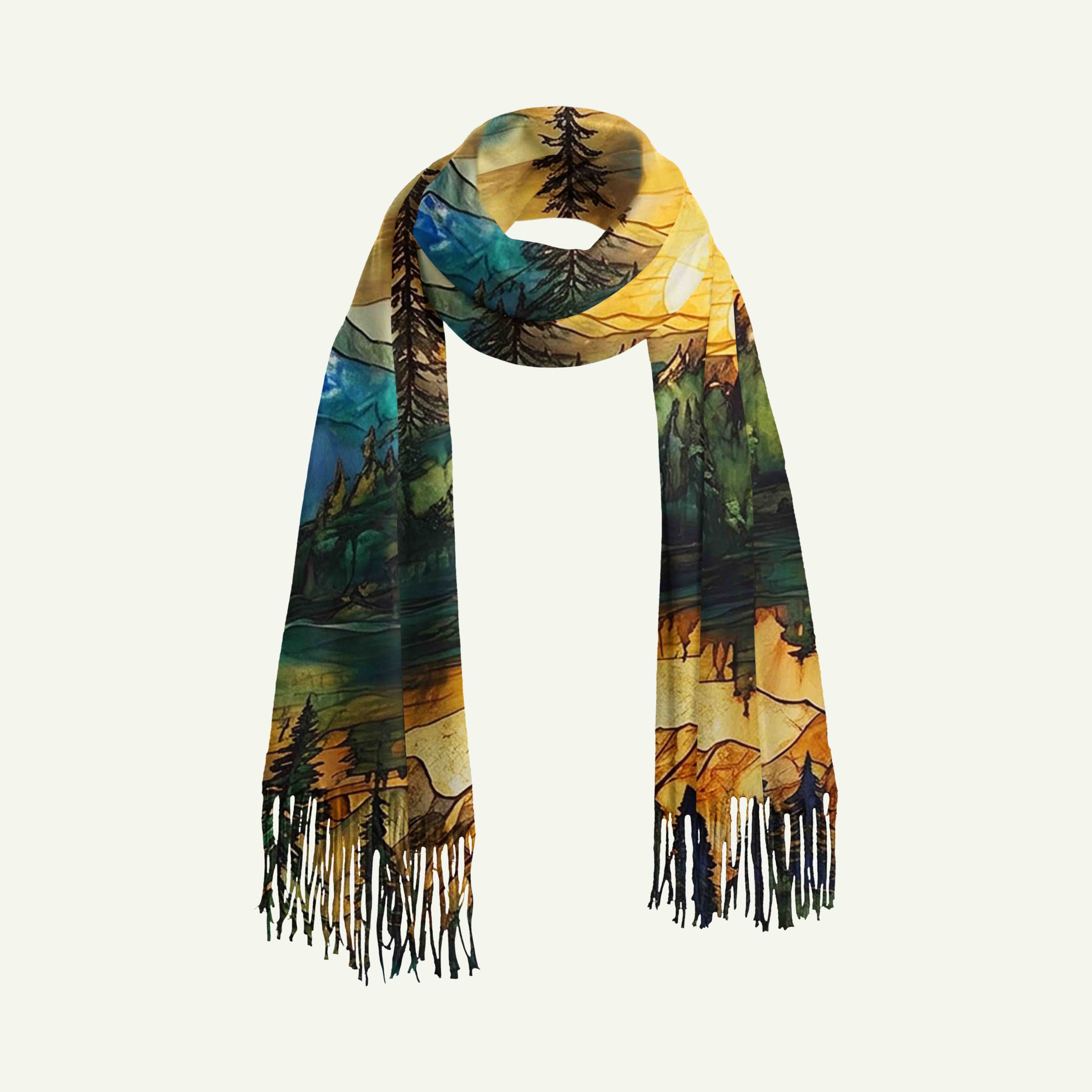 Sunset Alpine Forest Landscap Long Cashmere Scarf with Tassels