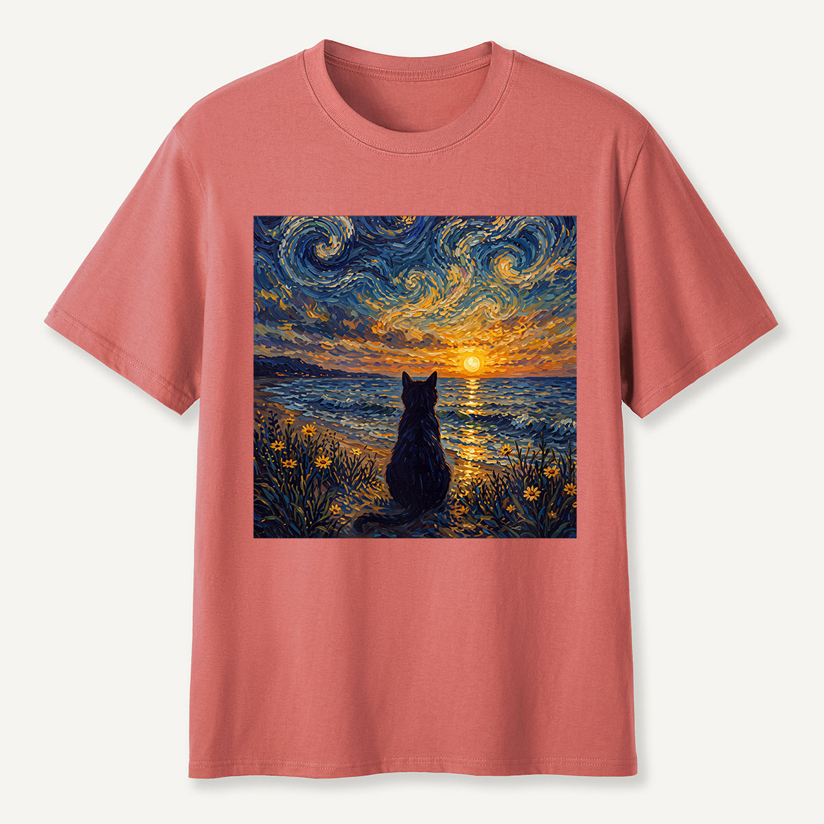 Starry Night Sunset Cat Seaside T-Shirt