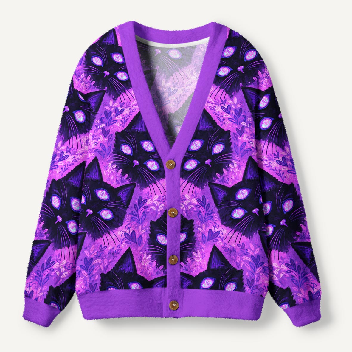 Three Eyed Black Cat Purple Psychedelic Fantasy Art Ugly Cardigan Sweaters