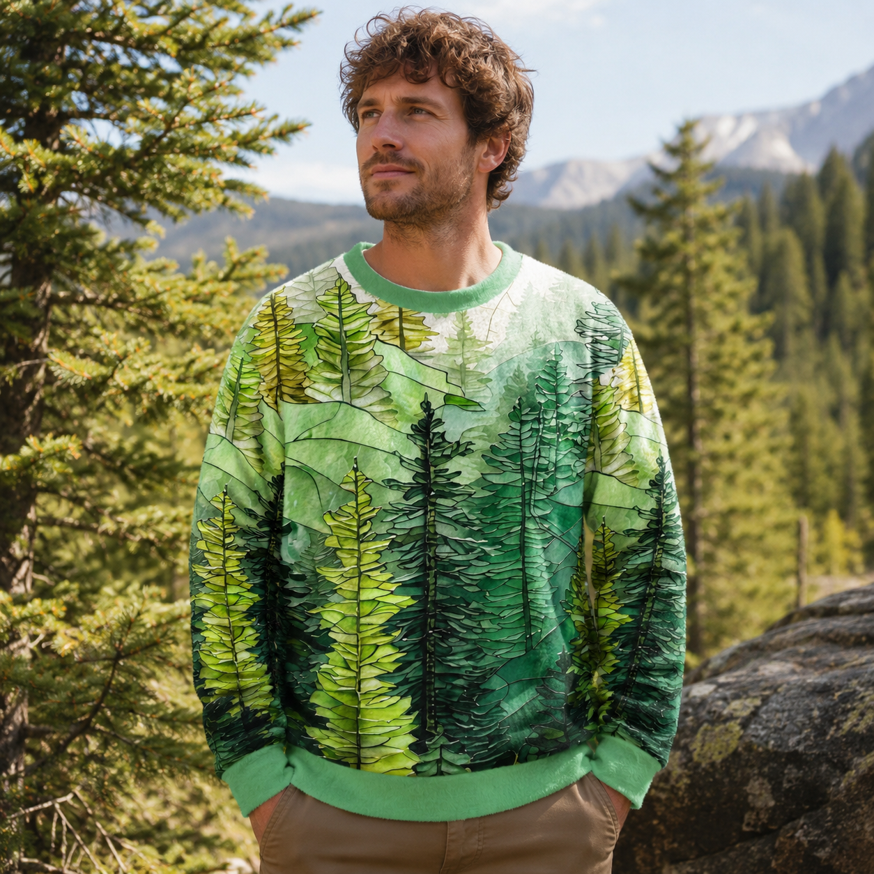 Pine Trees and Mountain Haze Eco All-Over Print Ugly Fuzzy Fleece Sweatshirt