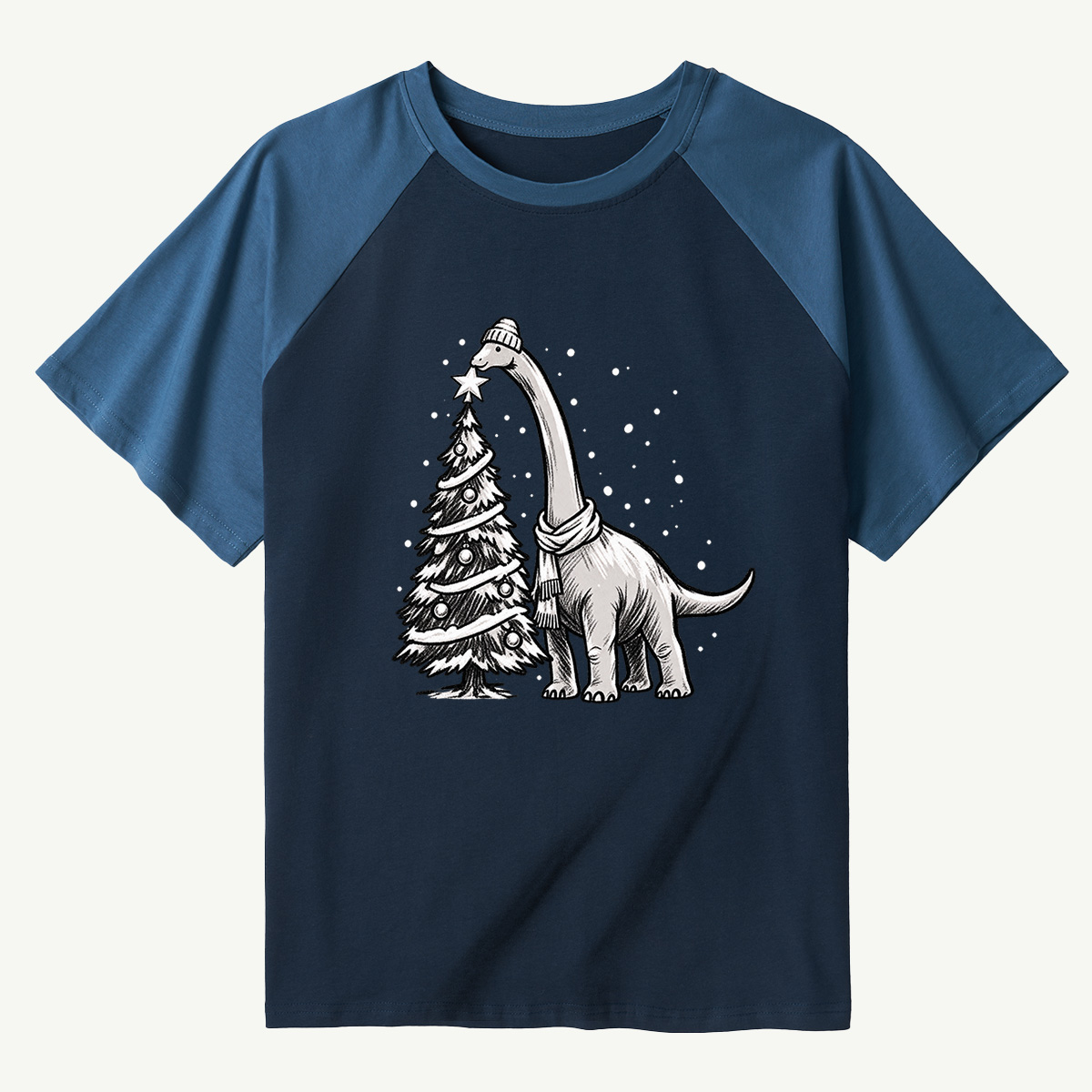 Cozy Long Neck Dinosaur Decorating Christmas Tree Raglan T-Shirt