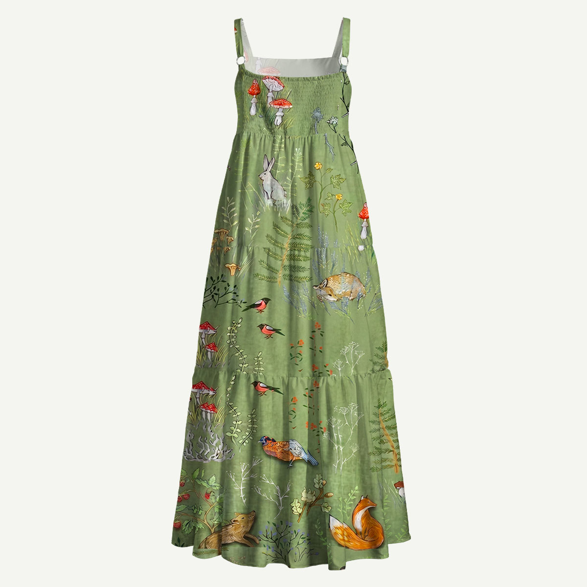 Woodland Animals and Mushrooms Straps Maxi Dress With Pockets