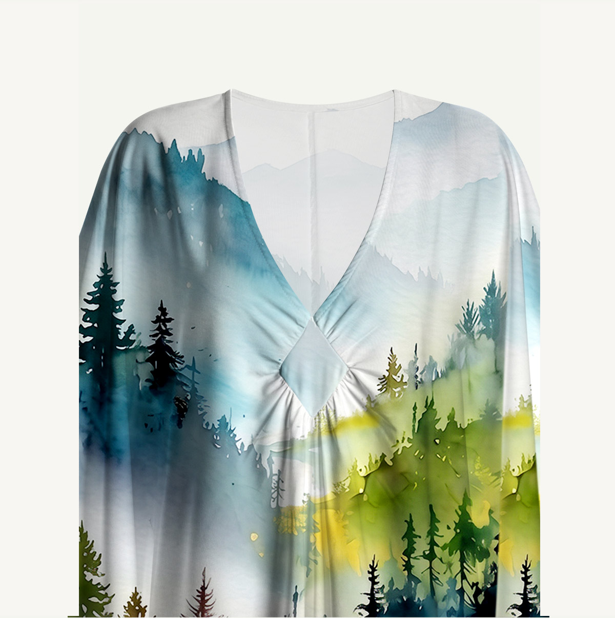 Watercolor Misty Mountain Forest Sleeve Kaftan Dress