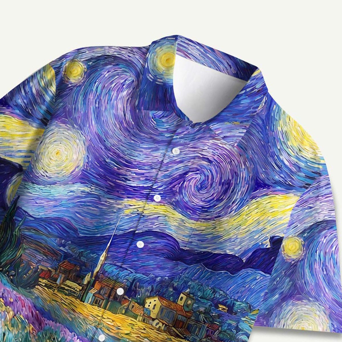 Swirling Night Sky Village Landscape Hawaii Button Up Pocket Shirt