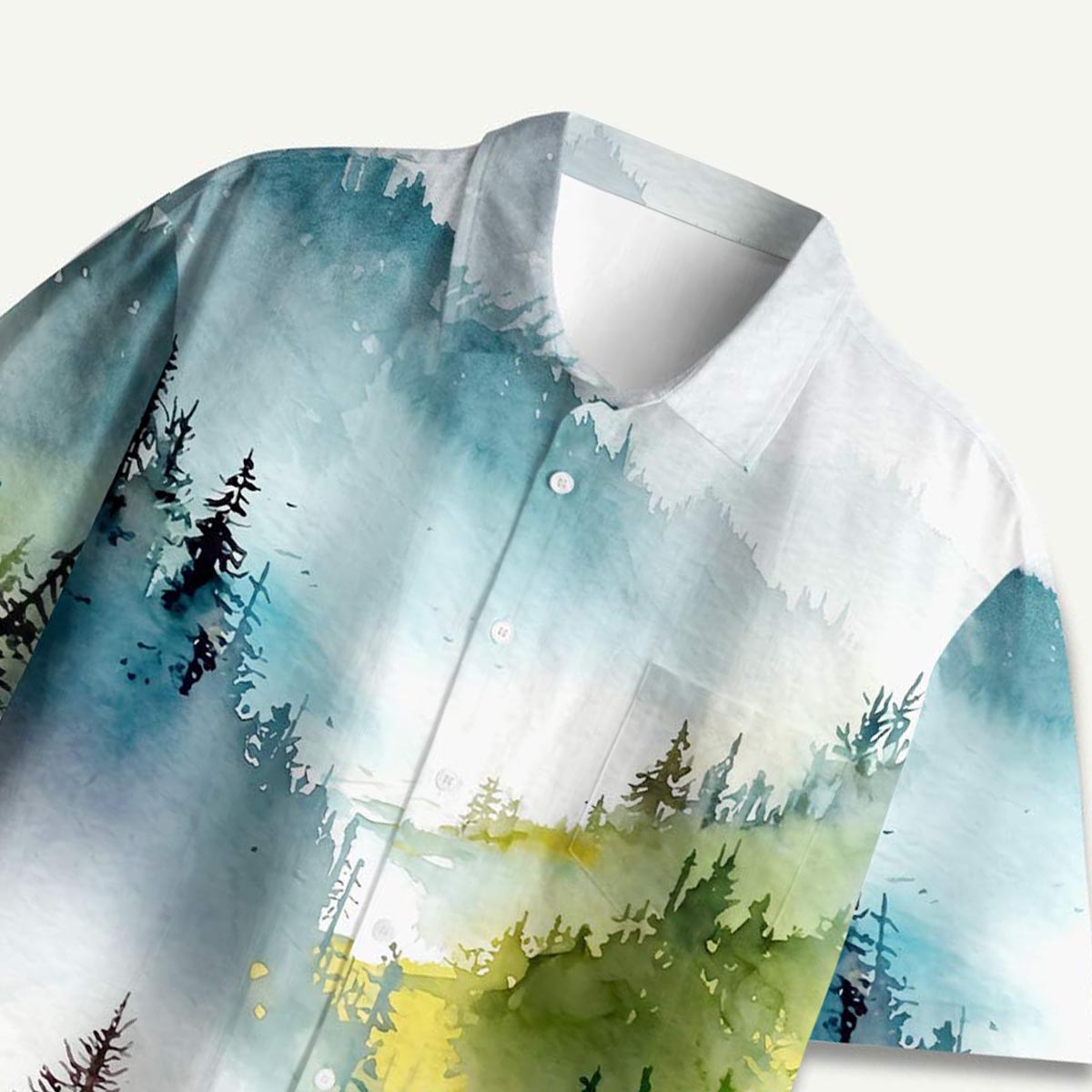 Watercolor Misty Mountain Forest Hawaii Button Up Pocket Shirt