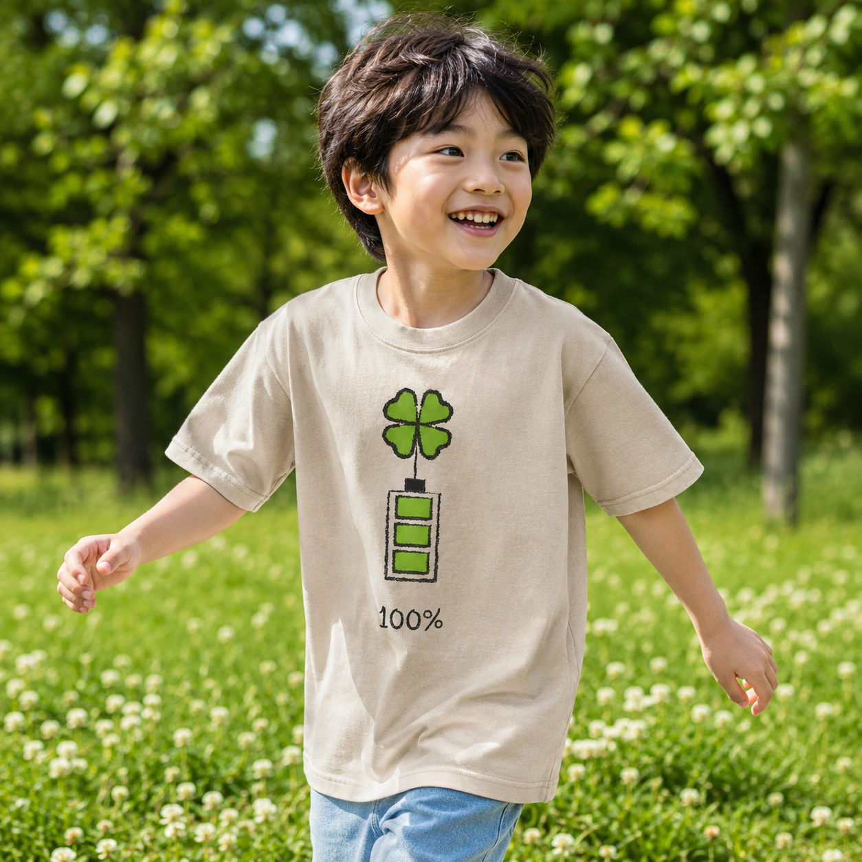 100% Lucky Clover Battery Kids Washed T-Shirt