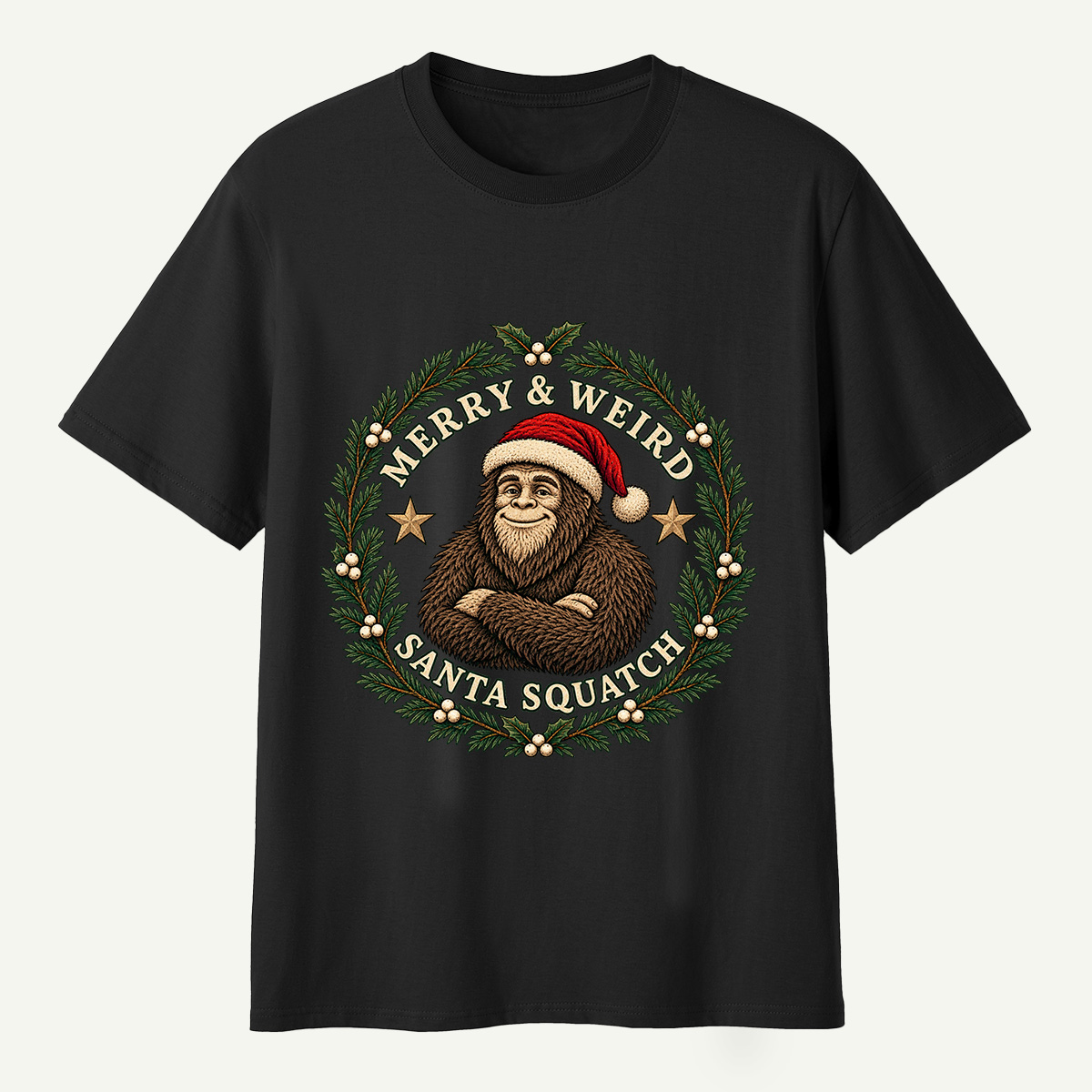 Merry And Weird Santa Squatch Christmas Wreath T-Shirt