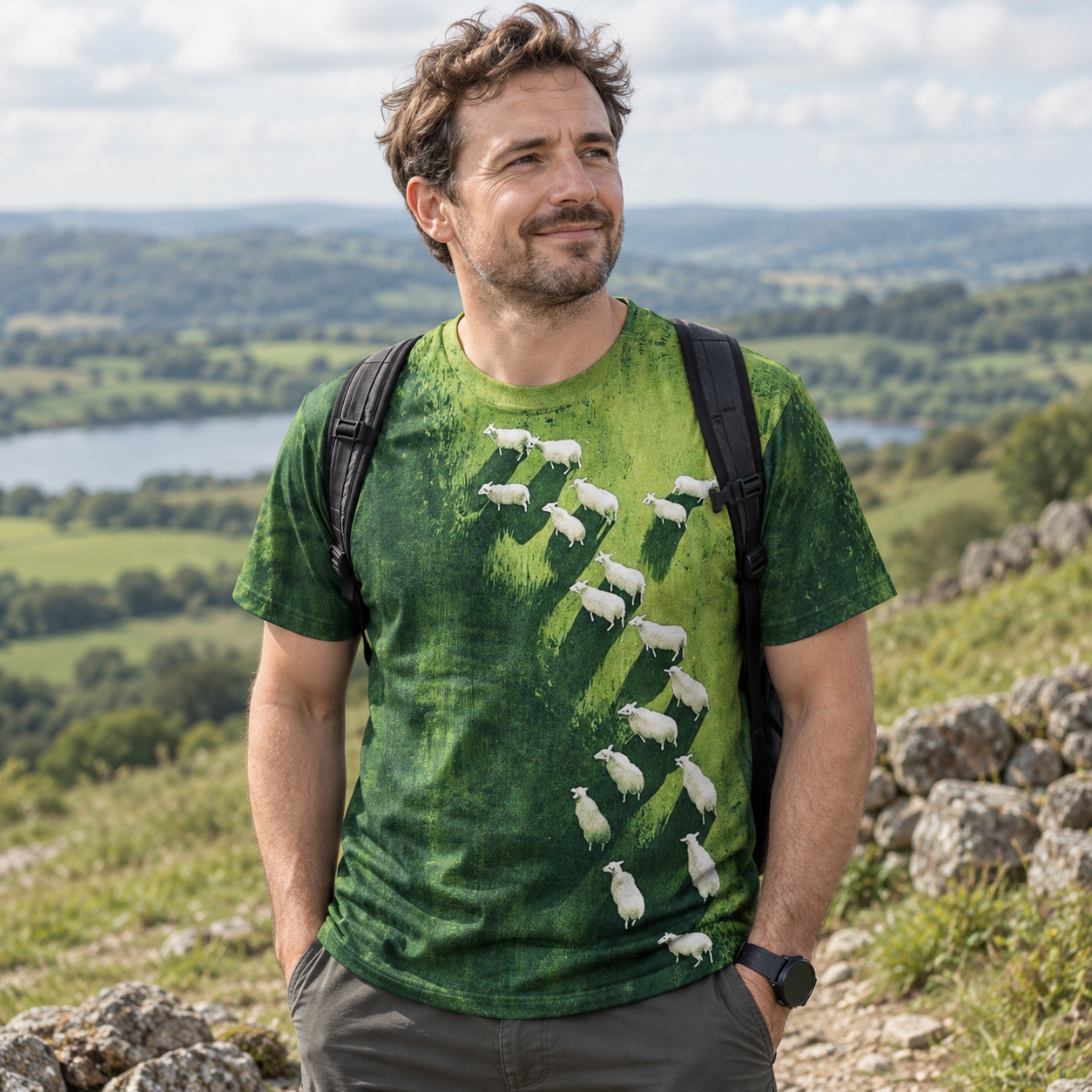 Sheep Crossing Green Hillside Premium Pure Cotton Tee