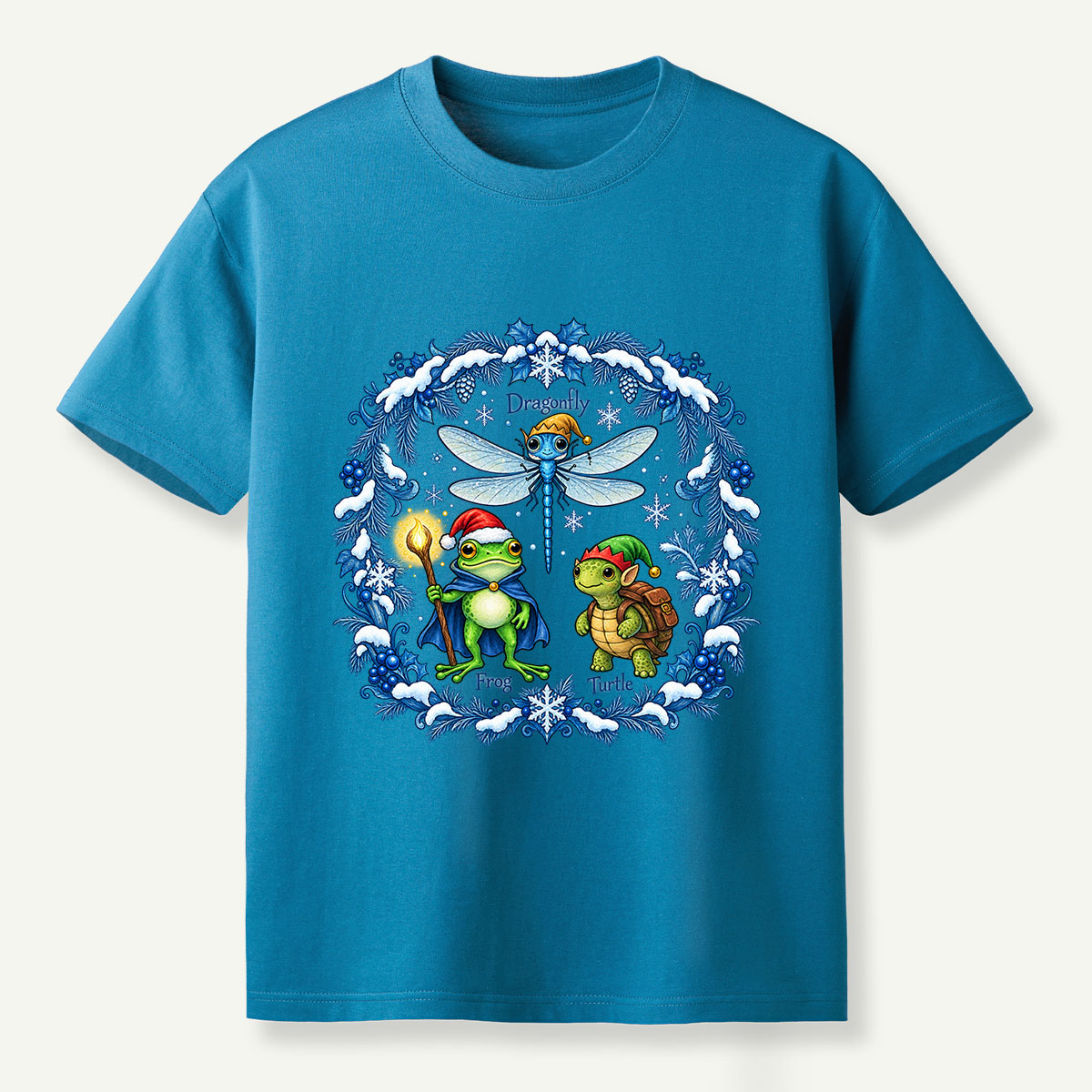Fantasy Winter Forest Dragonfly Frog And Turtle Companions T-Shirt