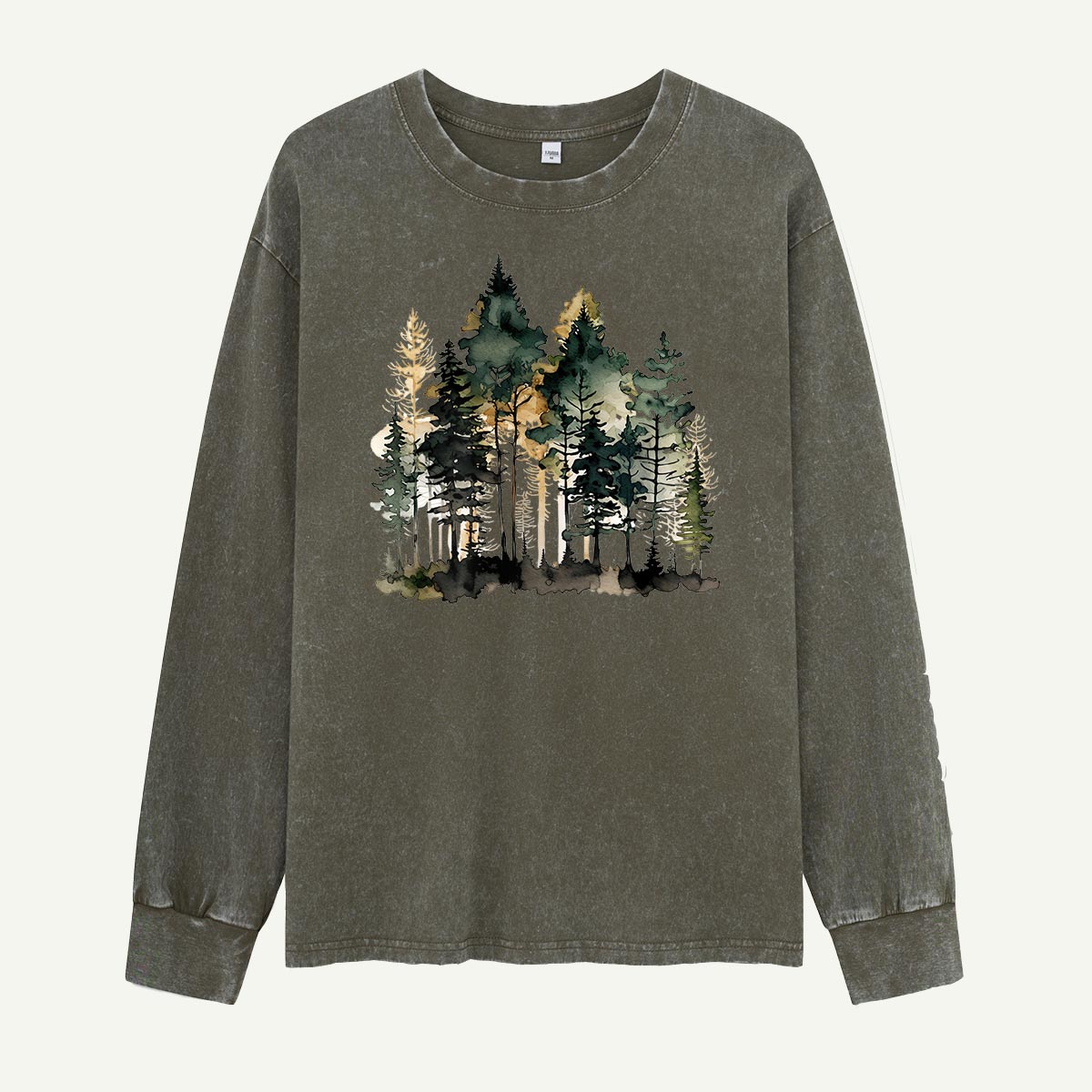 Watercolor Pine Forest Landscape Washed Long Sleeves