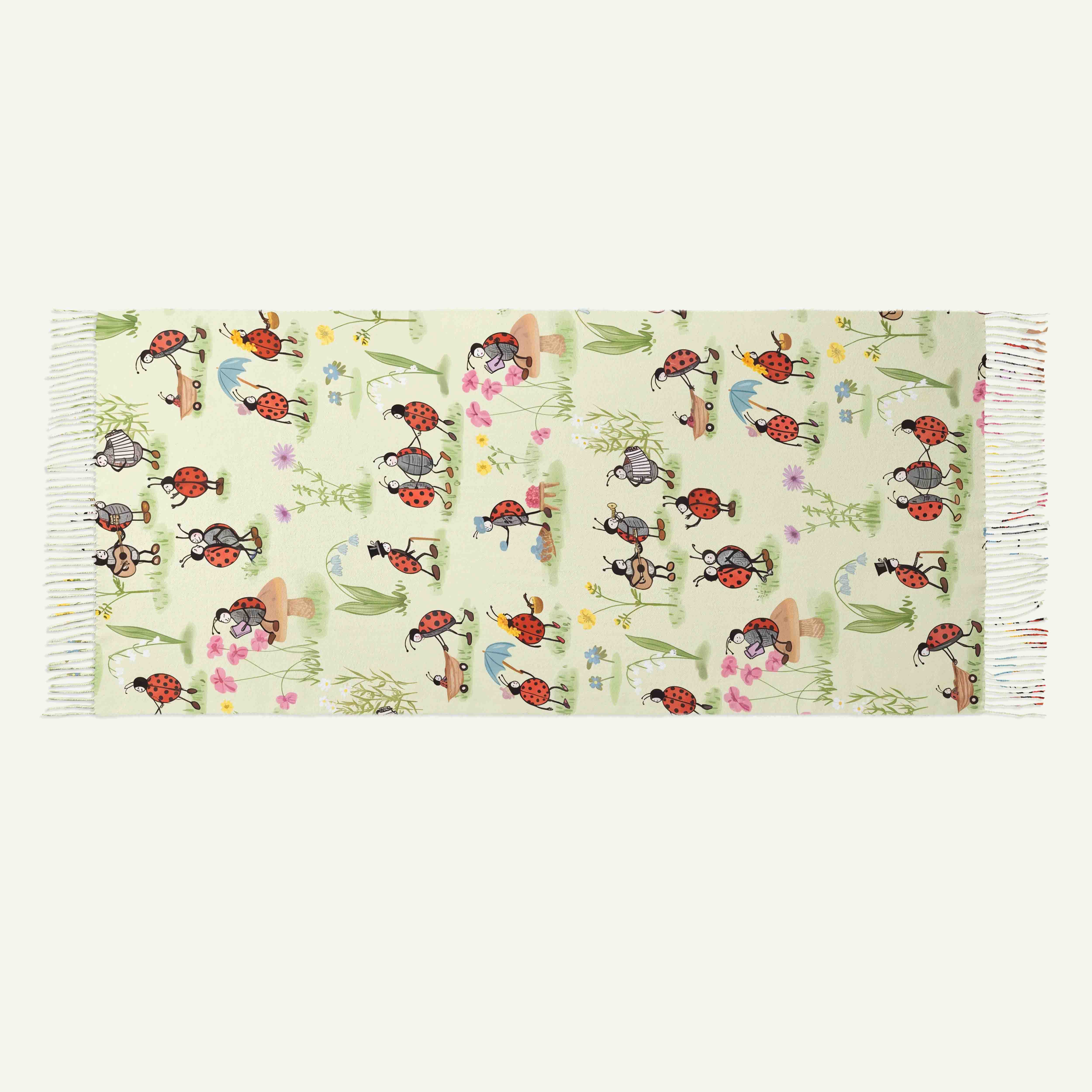 Ladybug and Flower Long Cashmere Scarf with Tassels
