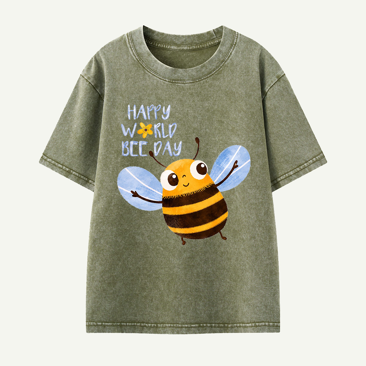 Happy World Bee Day Cute Bee Kids Washed T-Shirt