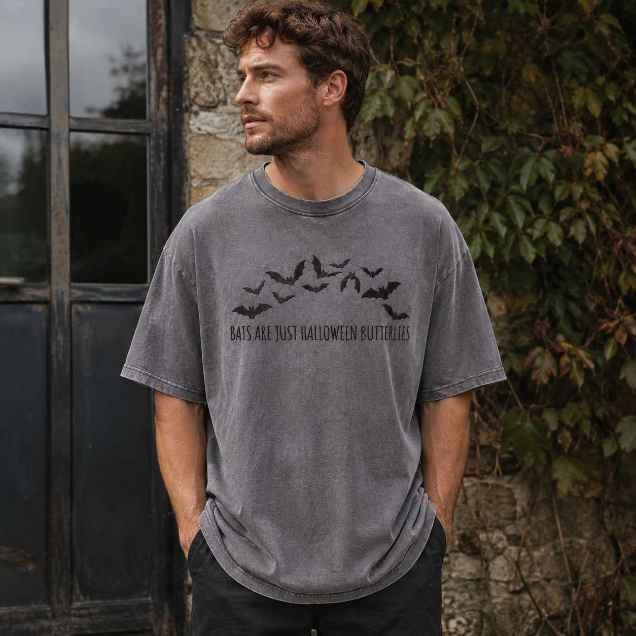 Halloween Butterflies Club Embroidered Washed T-Shirt