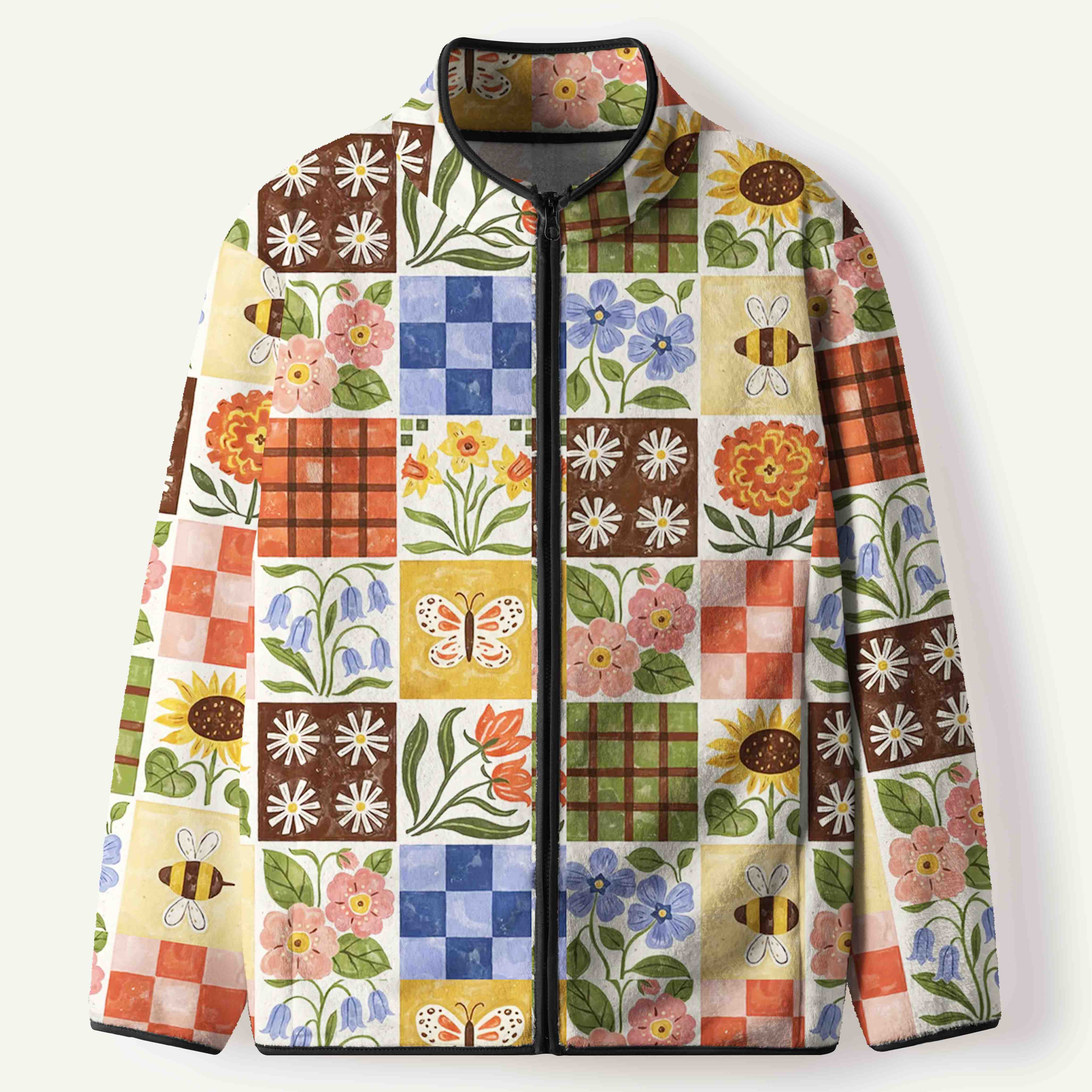 Vintage Floral Bee Patchwork Women's Flannel Zip Front Cardigan