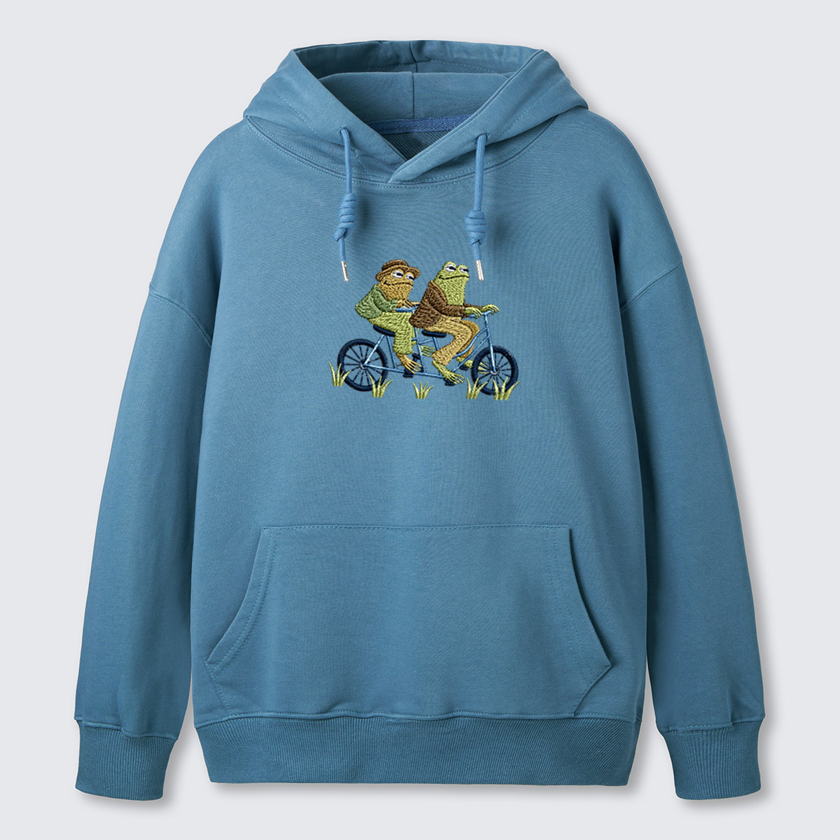 Frog on Bike Adventure Embroidered Cotton Hoodie
