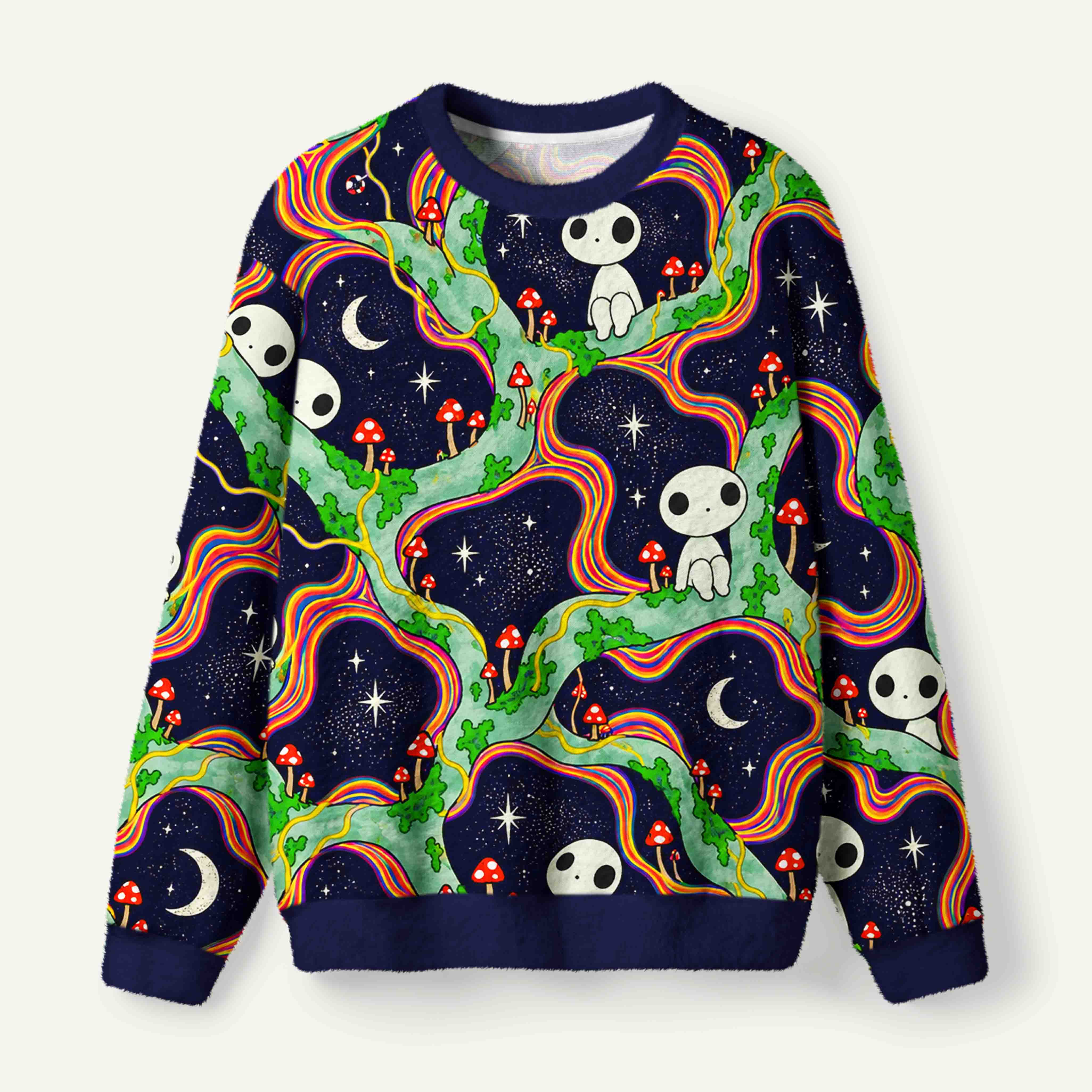 Psychedelic Forest Spirits On Rainbow Branches With Mushrooms Ugly Fuzzy Fleece Sweatshirt