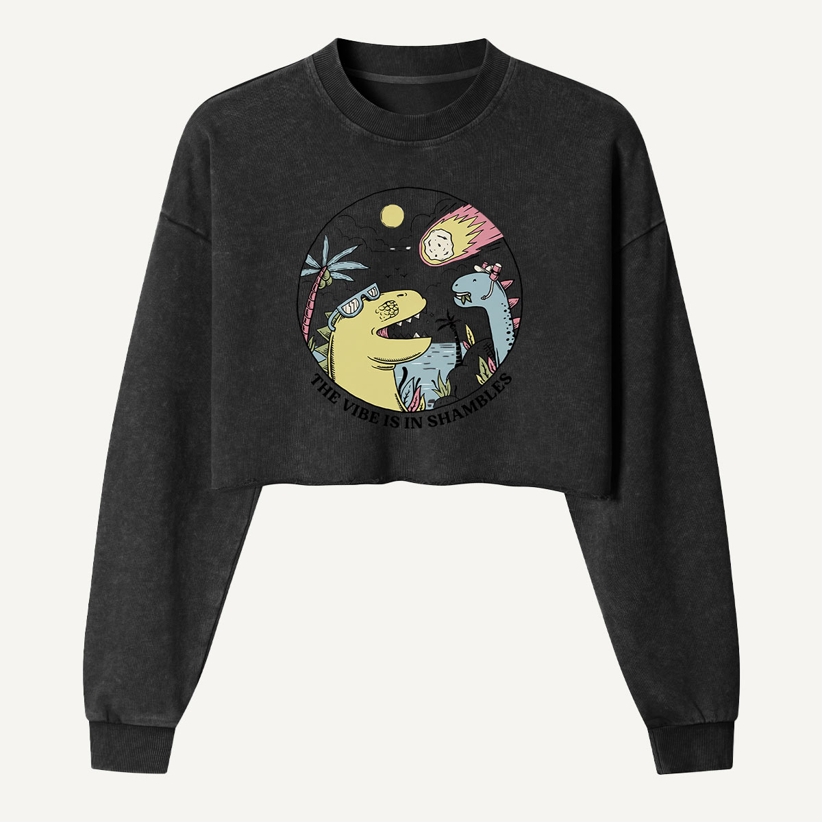 The Vibe Is In Shambles Dinosaur Party Women's Washed Cropped Sweatshirt
