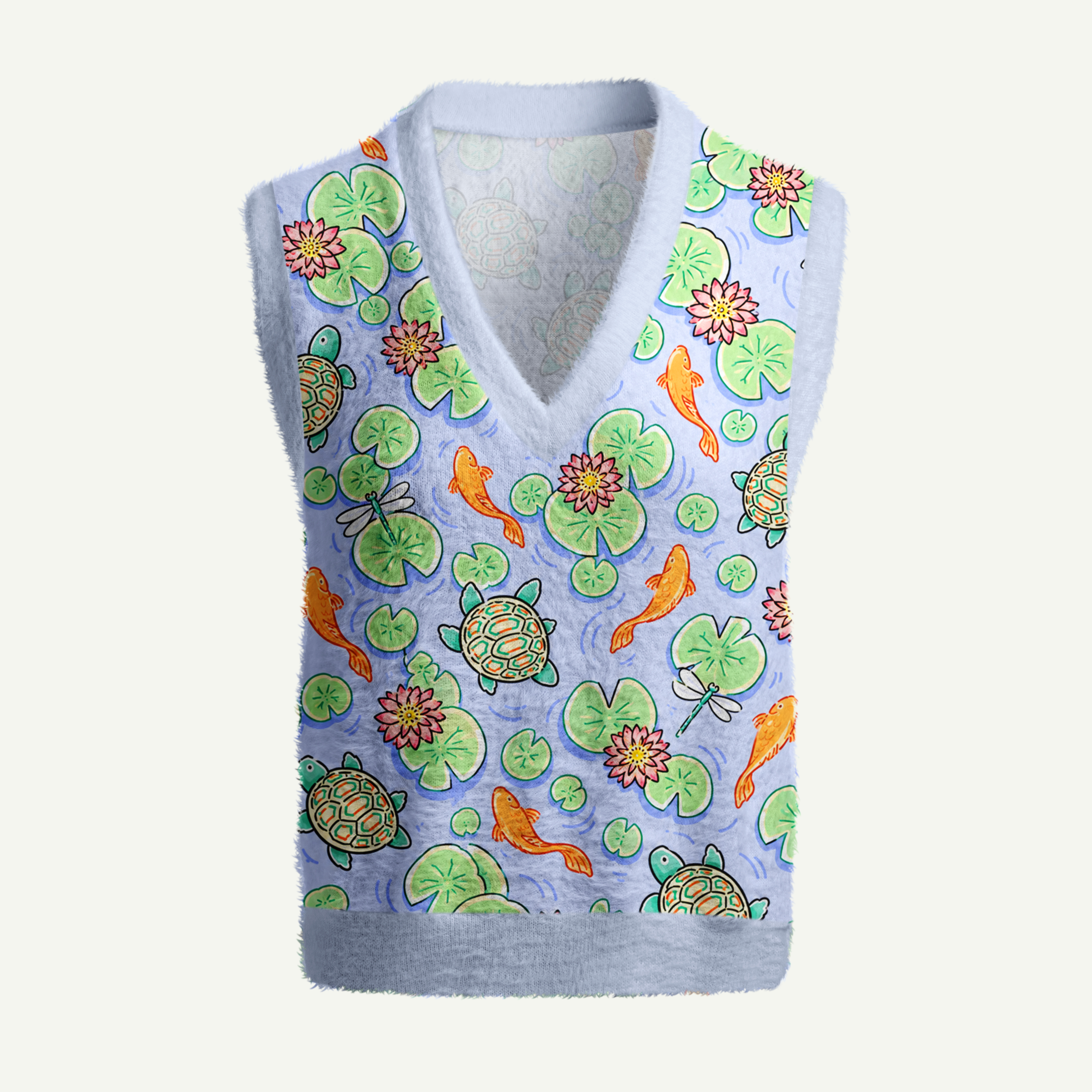 Koi Turtle Lotus Pond Garden Women's Fuzzy Vest Sweater
