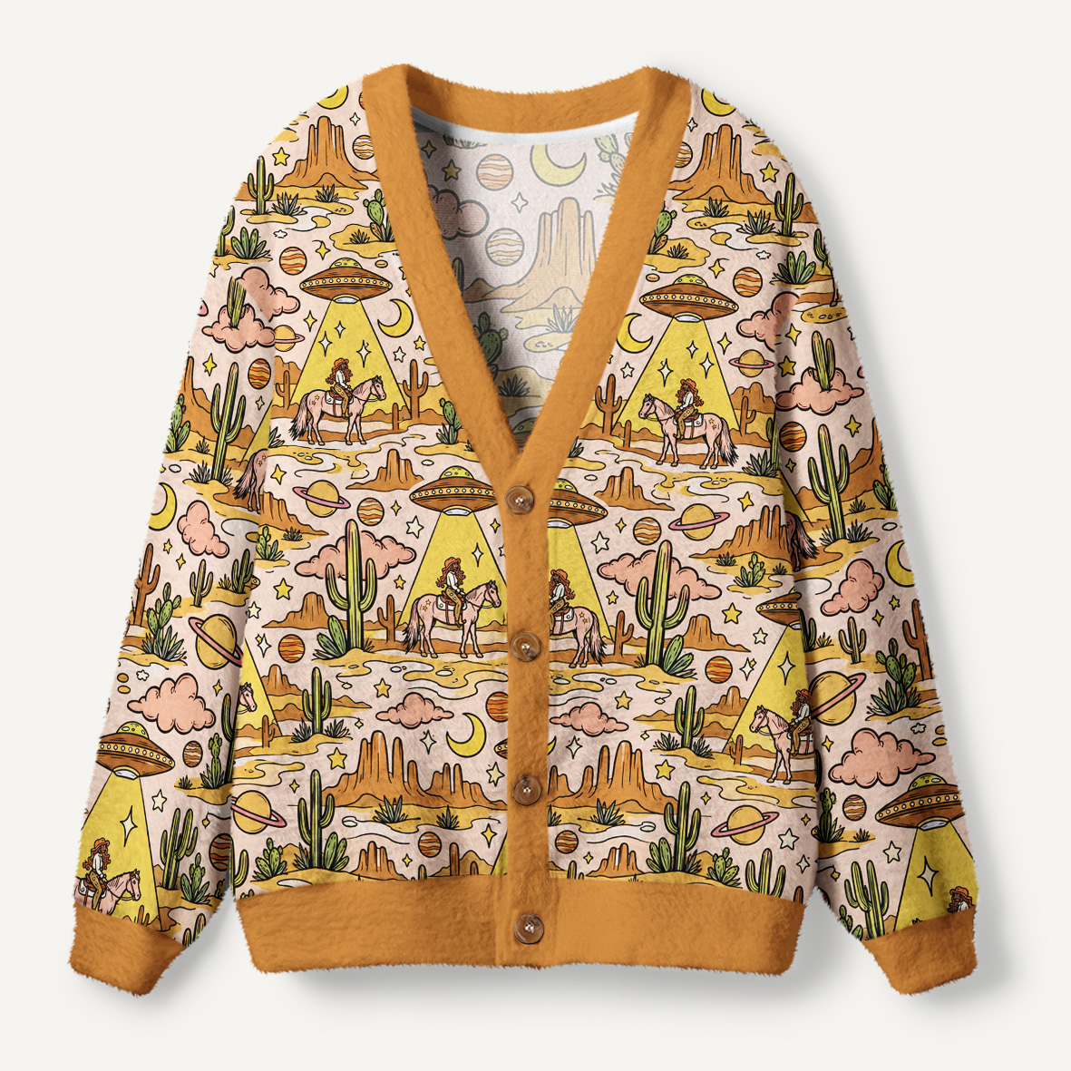 Retro UFO Abduction Of A Cowboy In The Desert Ugly Cardigan Sweaters