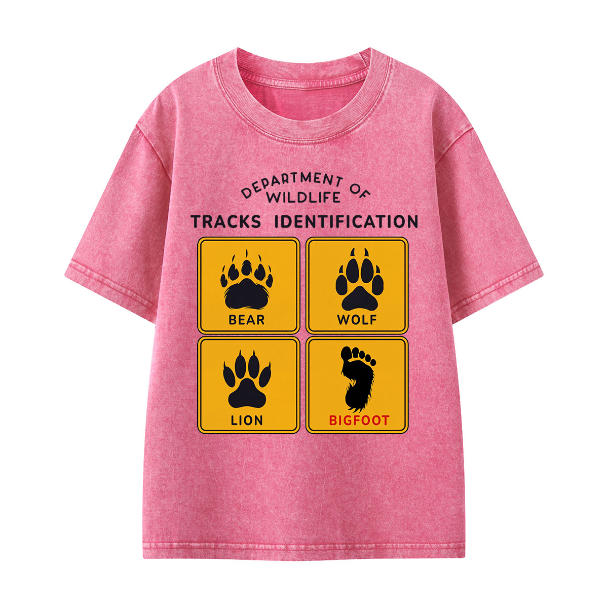 Department of Wildlife Tracks Identification Bear Wolf Lion Cryptids Kids Washed T-Shirt
