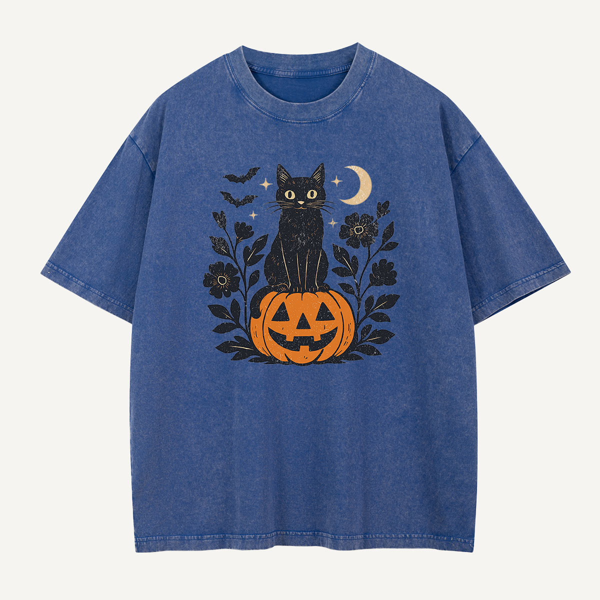 Black Cat on Pumpkin Watch Washed T-Shirt
