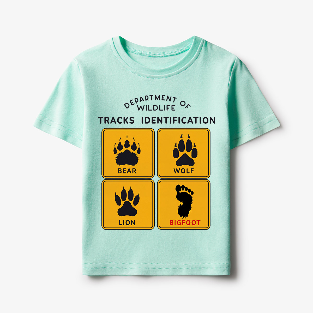 Department of Wildlife Tracks Identification Bear Wolf Lion Cryptids Kids T-Shirt