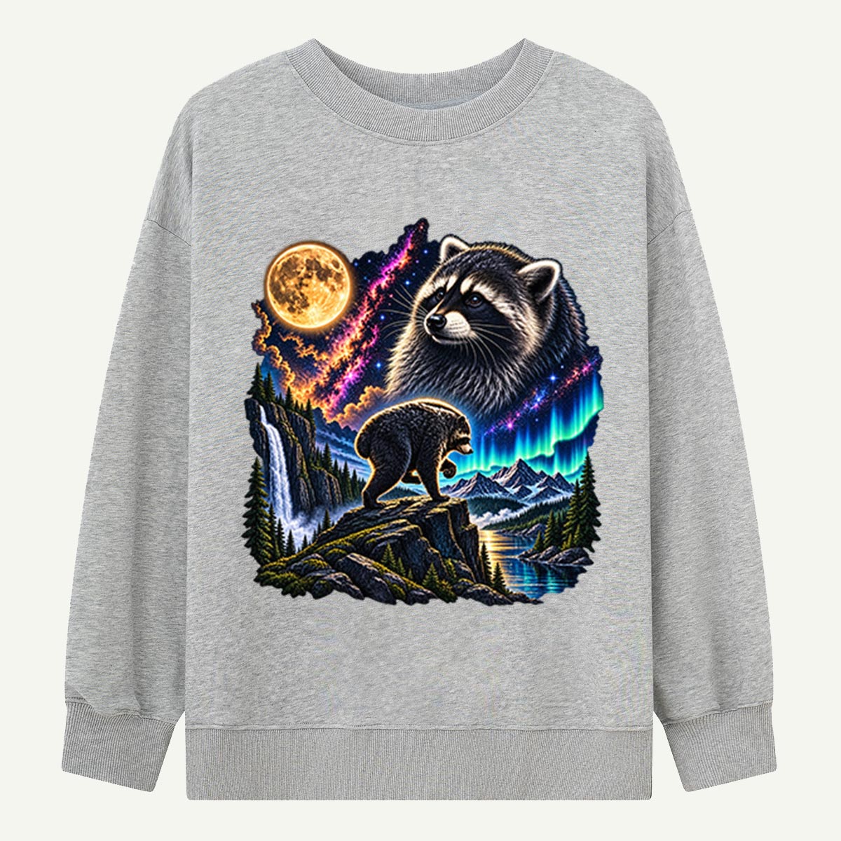 Moonlit Raccoon Wilderness Aurora Graphic Sweatshirts