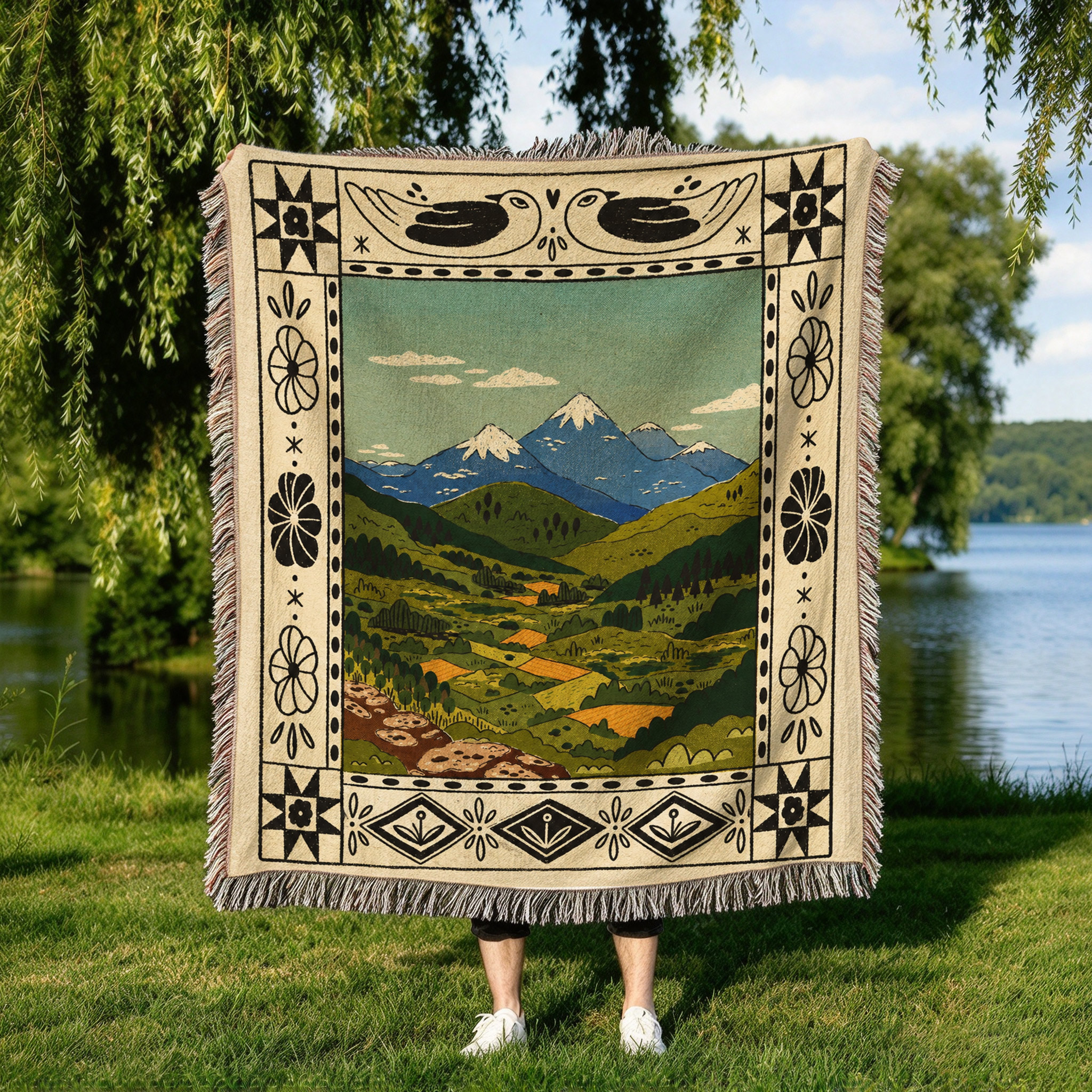 Vintage Snow Capped Mountains Green Valley And Folk Art Flowers Knitted Fringe Blanket