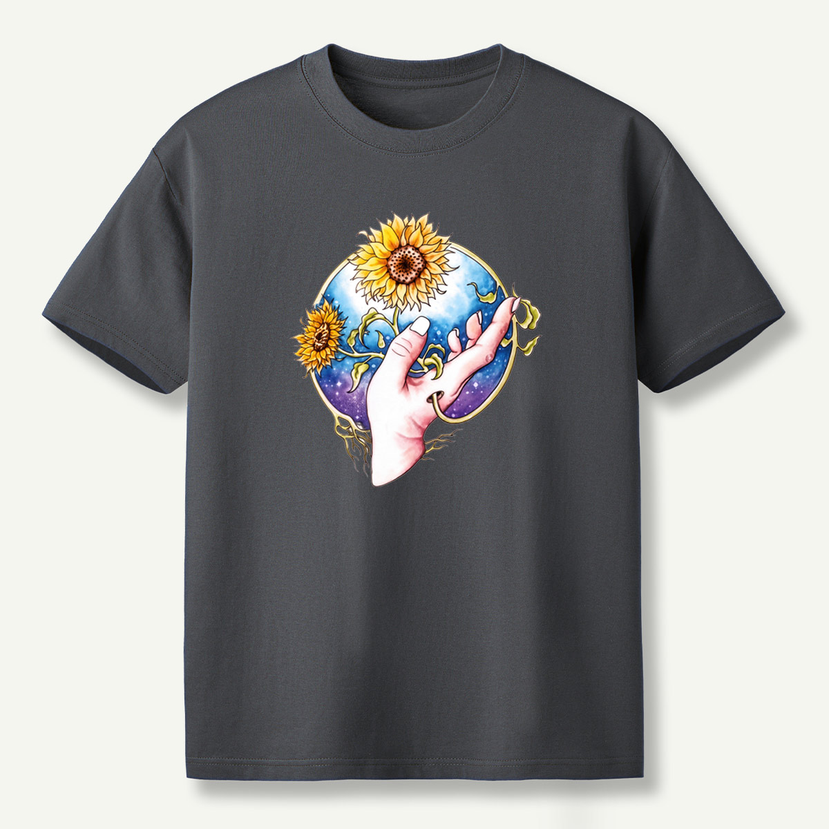 Sunflower Hand Galaxy Botanical Illustration T-Shirt