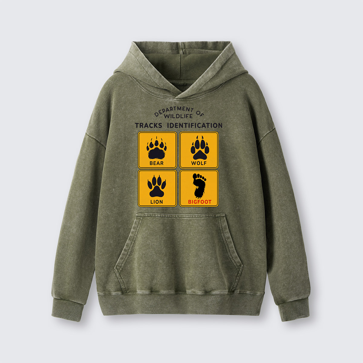 Department of Wildlife Tracks Identification Bear Wolf Lion Cryptids Washed Hoodie