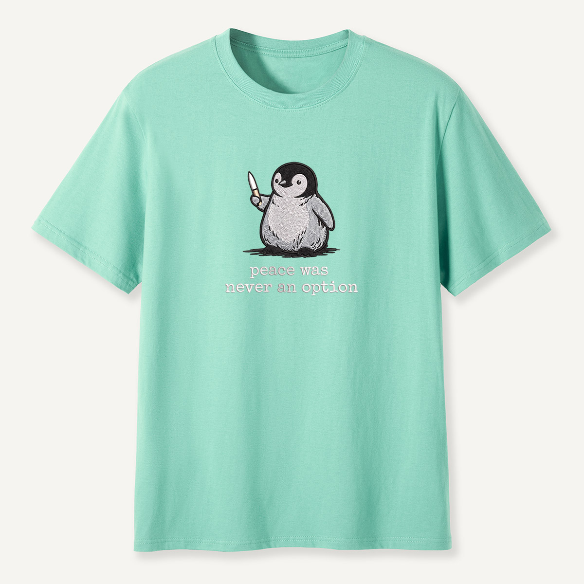 Peace Was Never An Option Penguin Embroidered T-Shirt