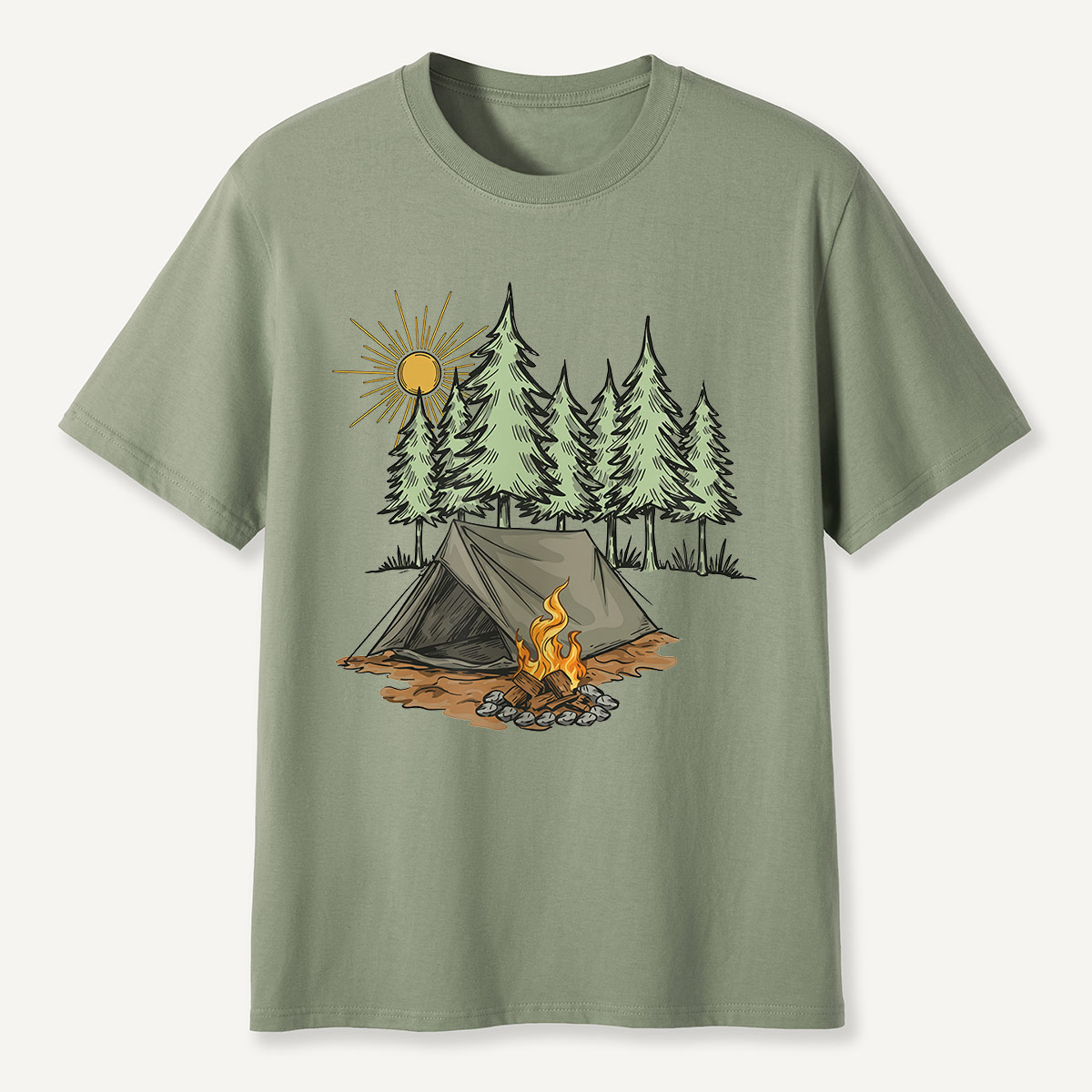Sunny Forest Tent Campfire Illustration T-Shirt