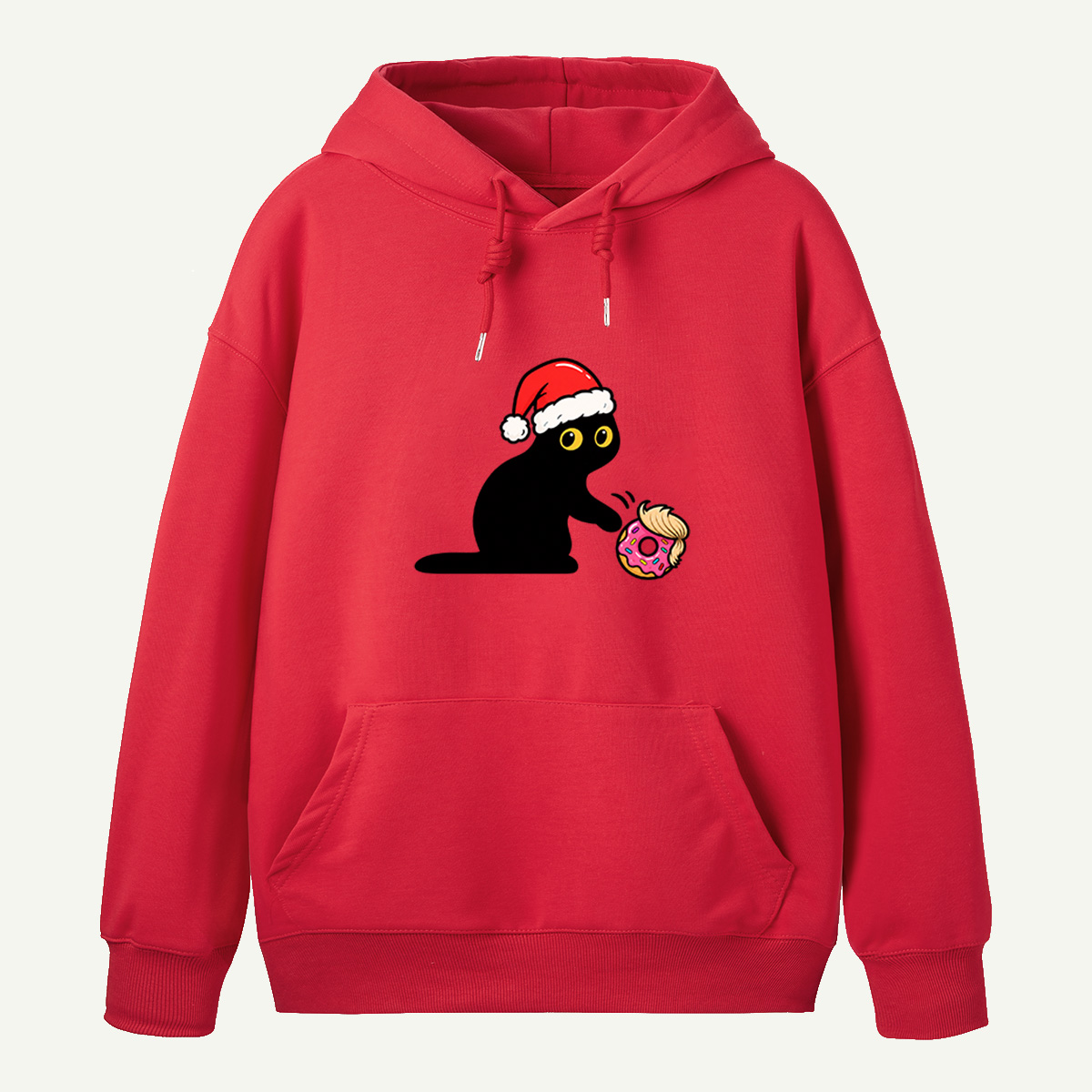 Mischievous Black Cat In Santa Hat Playing With Pink Donut Hoodie