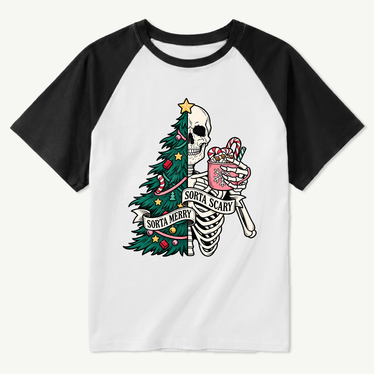 Sorta Merry Sorta Scary Half Skull Christmas Tree Raglan T-Shirt