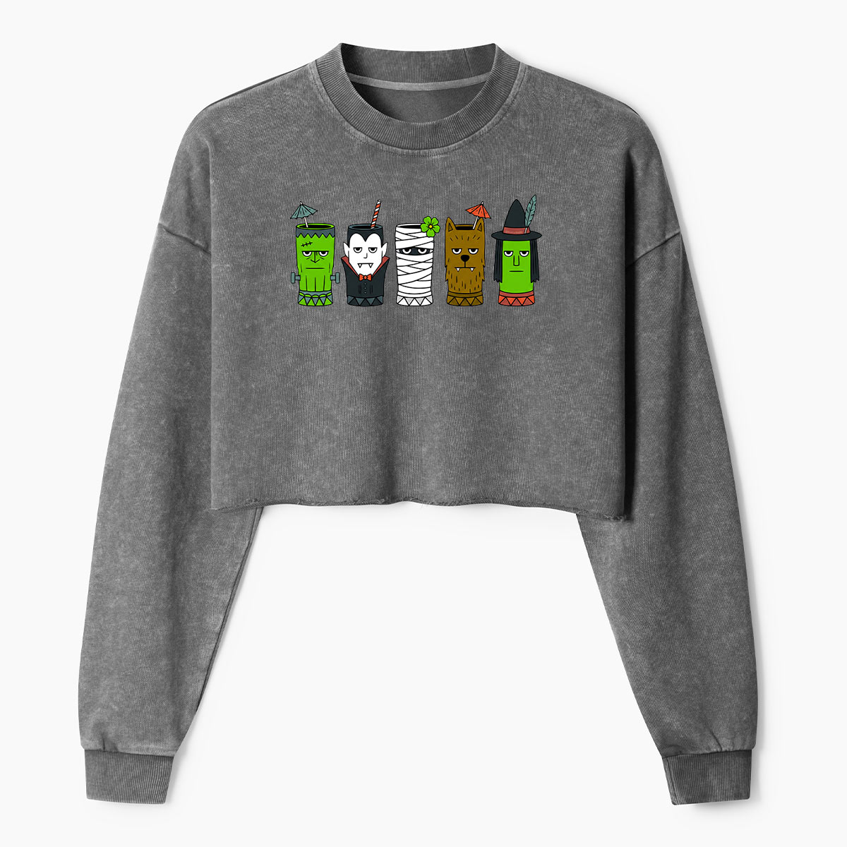 Trick Or Treat Classic Monsters Women's Washed Cropped Sweatshirt
