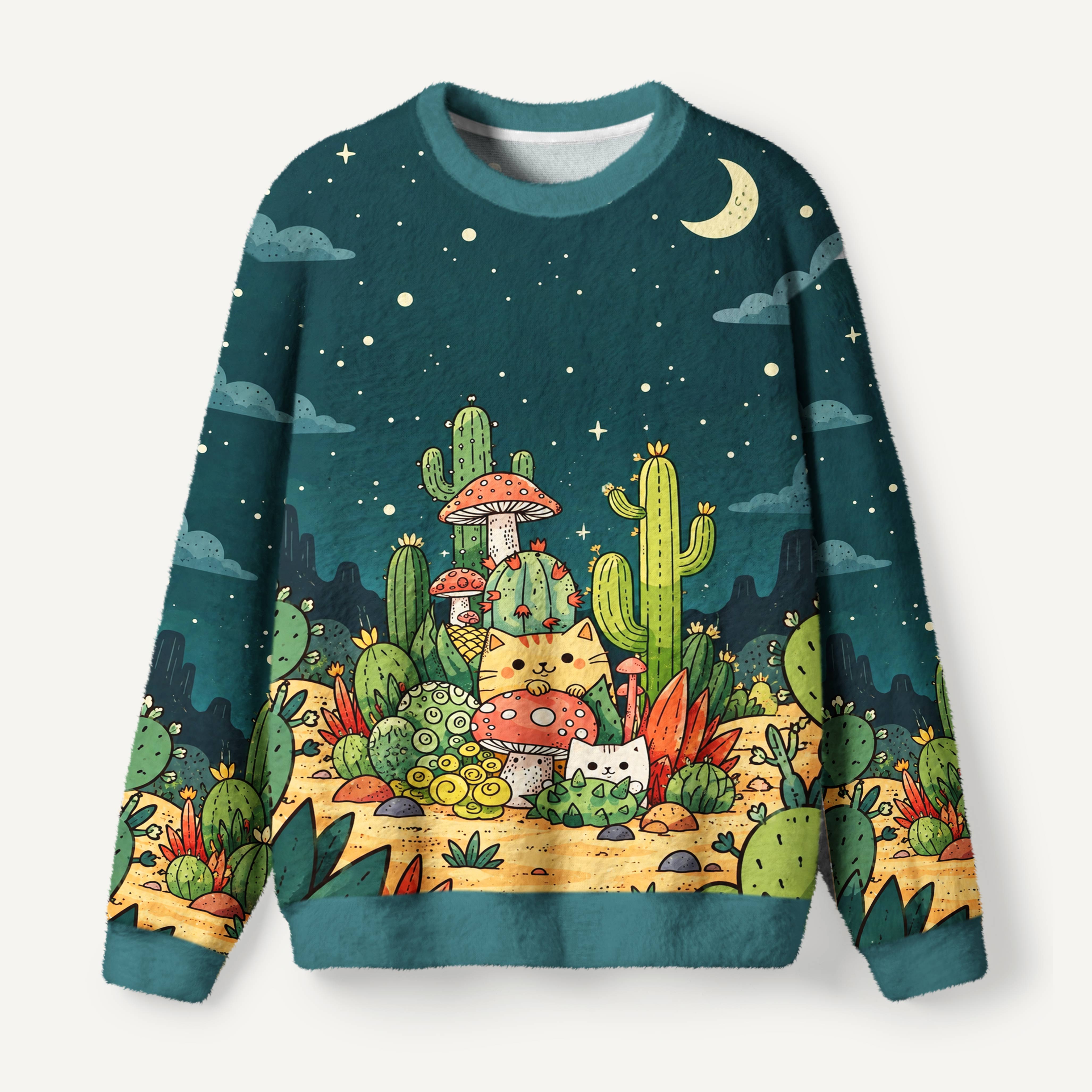 Cats In Mushroom Cactus Garden Ugly Fuzzy Fleece Sweatshirt