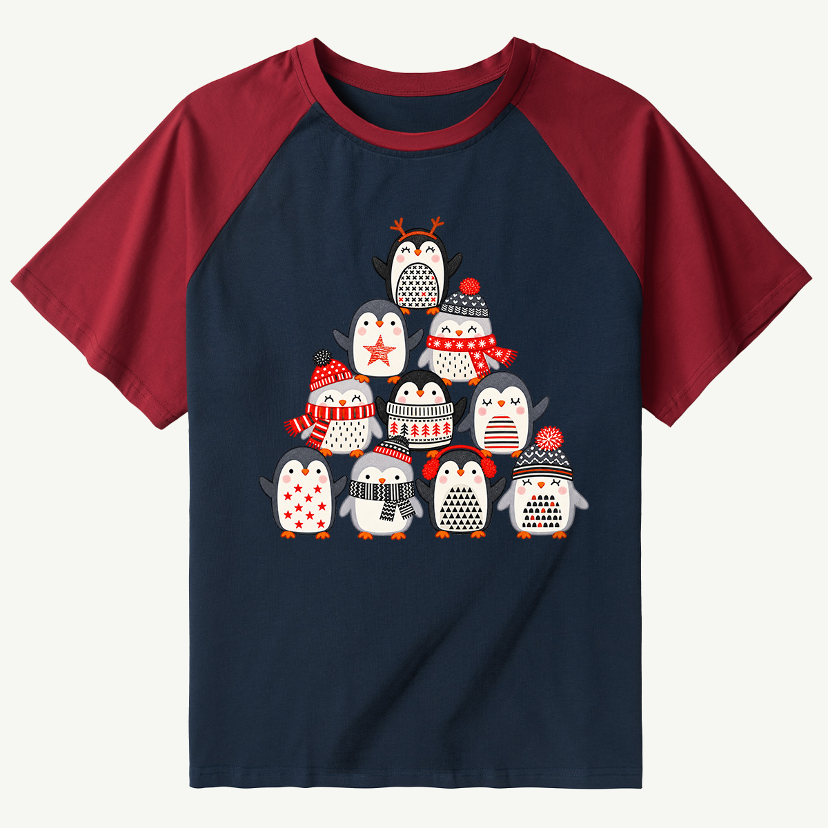Ten Playful Penguins In Cozy Winter Outfits Raglan T-Shirt