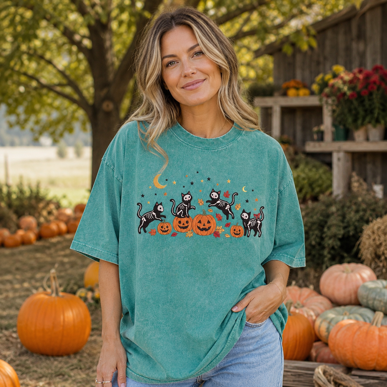 Skeleton Cats Pumpkin Party Washed T-Shirt