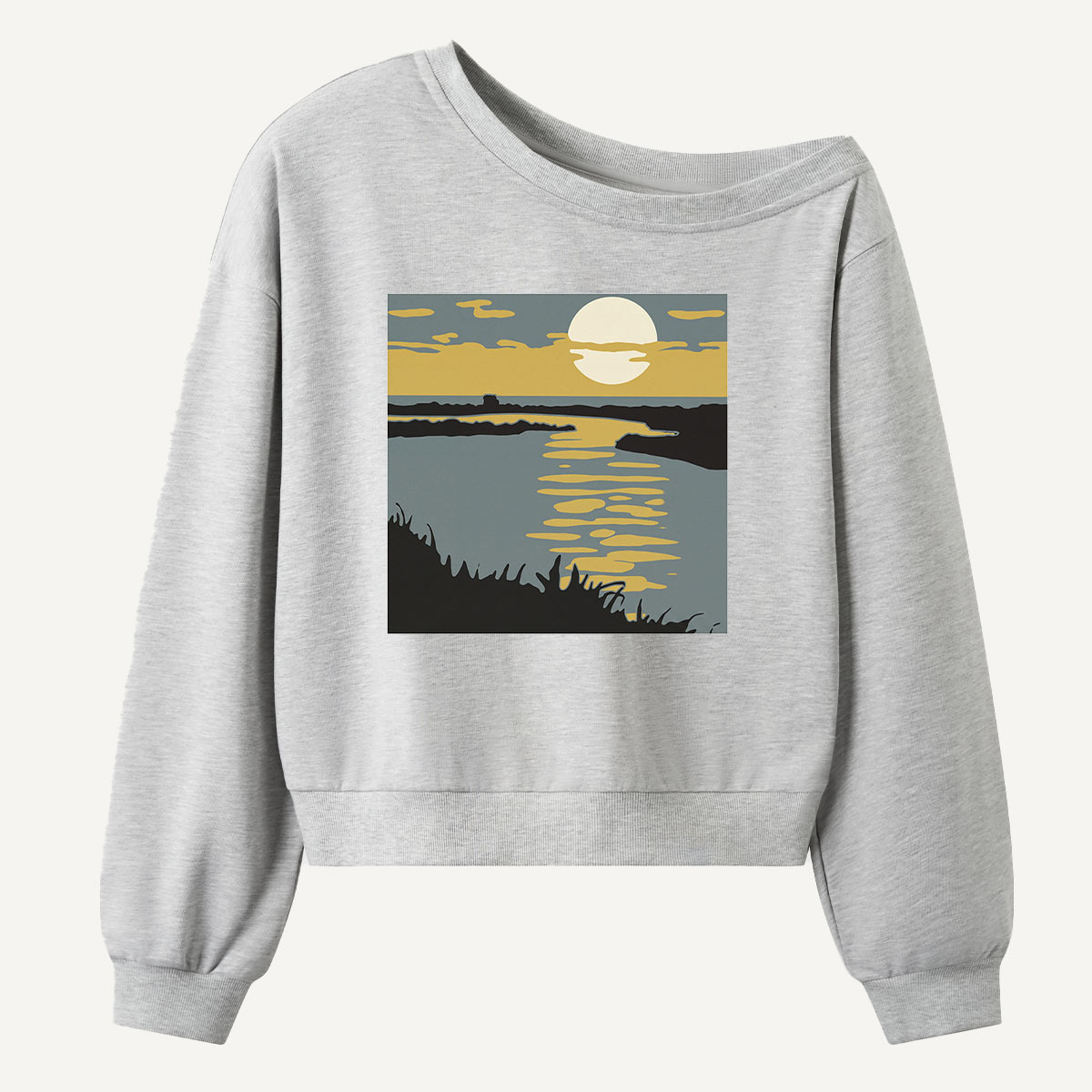 Moonlit Forest Reflection Landscape Women Off Shoulder Sweatshirt