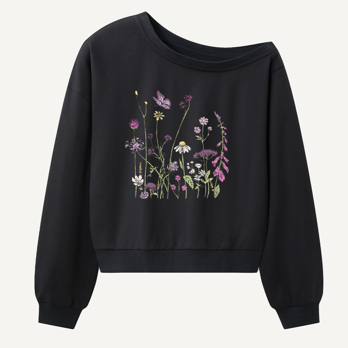 Wildflower Meadow Botanical Sketch Women Off Shoulder Sweatshirt