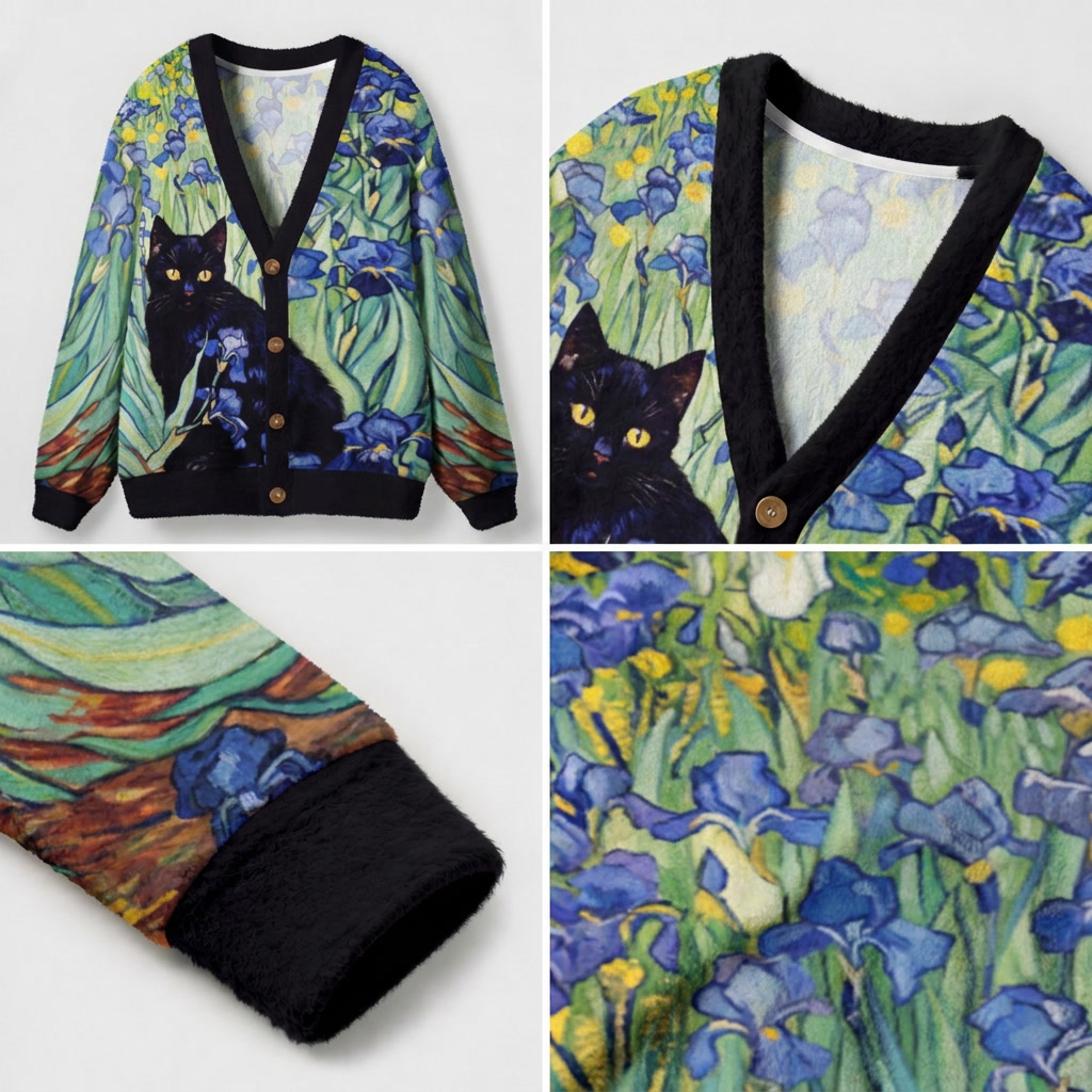 Midnight Cat in the Irises Ugly Cardigan Sweaters