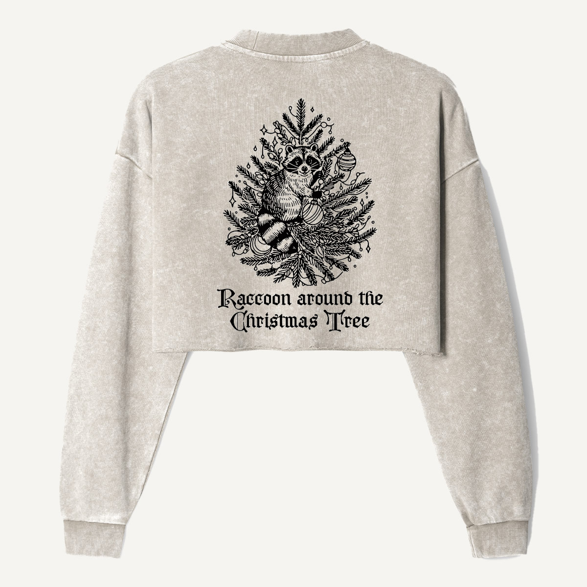Raccoons Around The Christmas Tree Women's Washed Cropped Sweatshirt