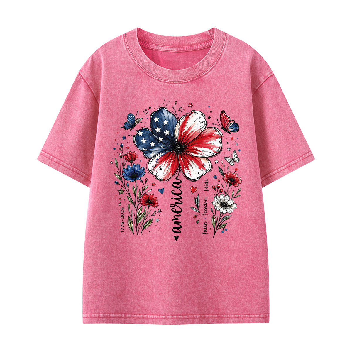 USA 250th Anniversary Floral Kids Washed T-Shirt