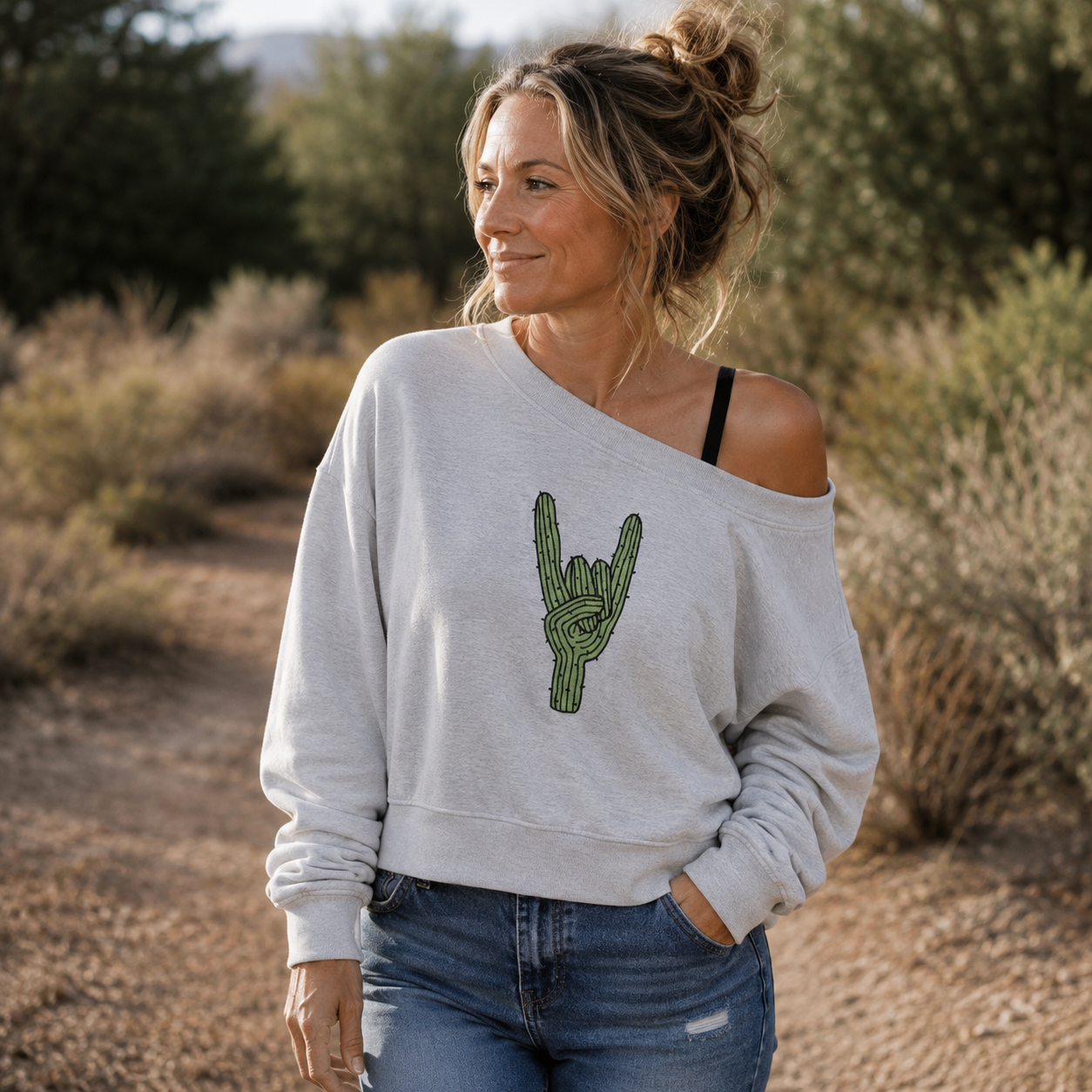 Cactus Rock Hand Sign Women Off Shoulder Sweatshirt