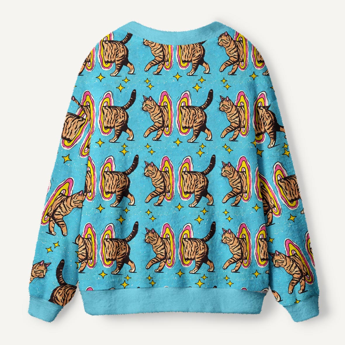 Tabby Cat Walking Through A Rainbow Portal Retro Cosmic Art Ugly Cardigan Sweaters