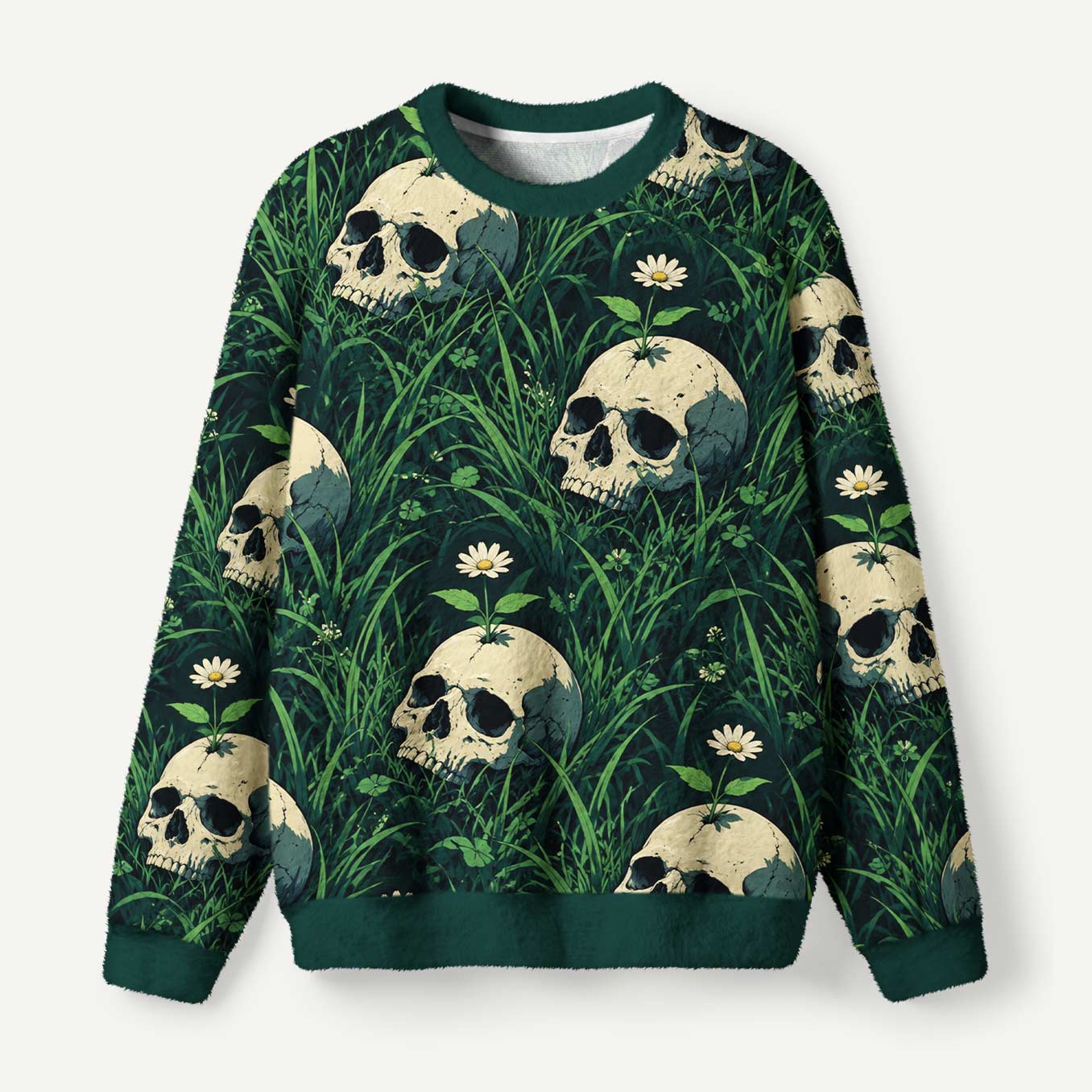 White Daisy Growing From A Skull In The Dark Grass Ugly Fuzzy Fleece Sweatshirt