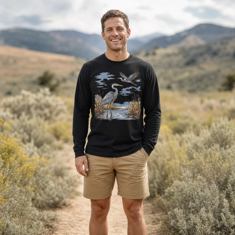 Vintage Heron Wetland Bird Nature  Long Sleeve T-Shirt