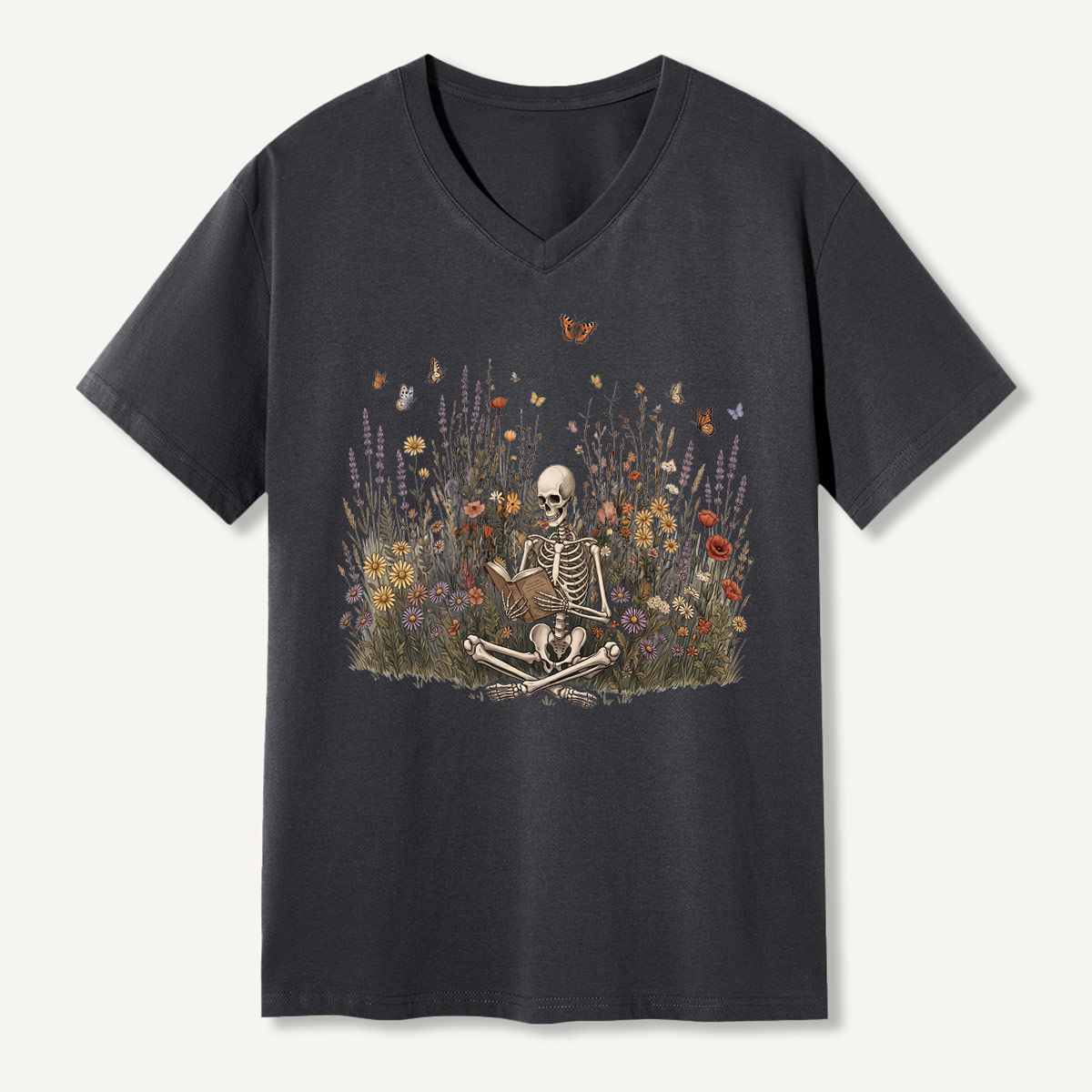 Skeleton Meditation Wildflower Garden V-neck T-Shirt