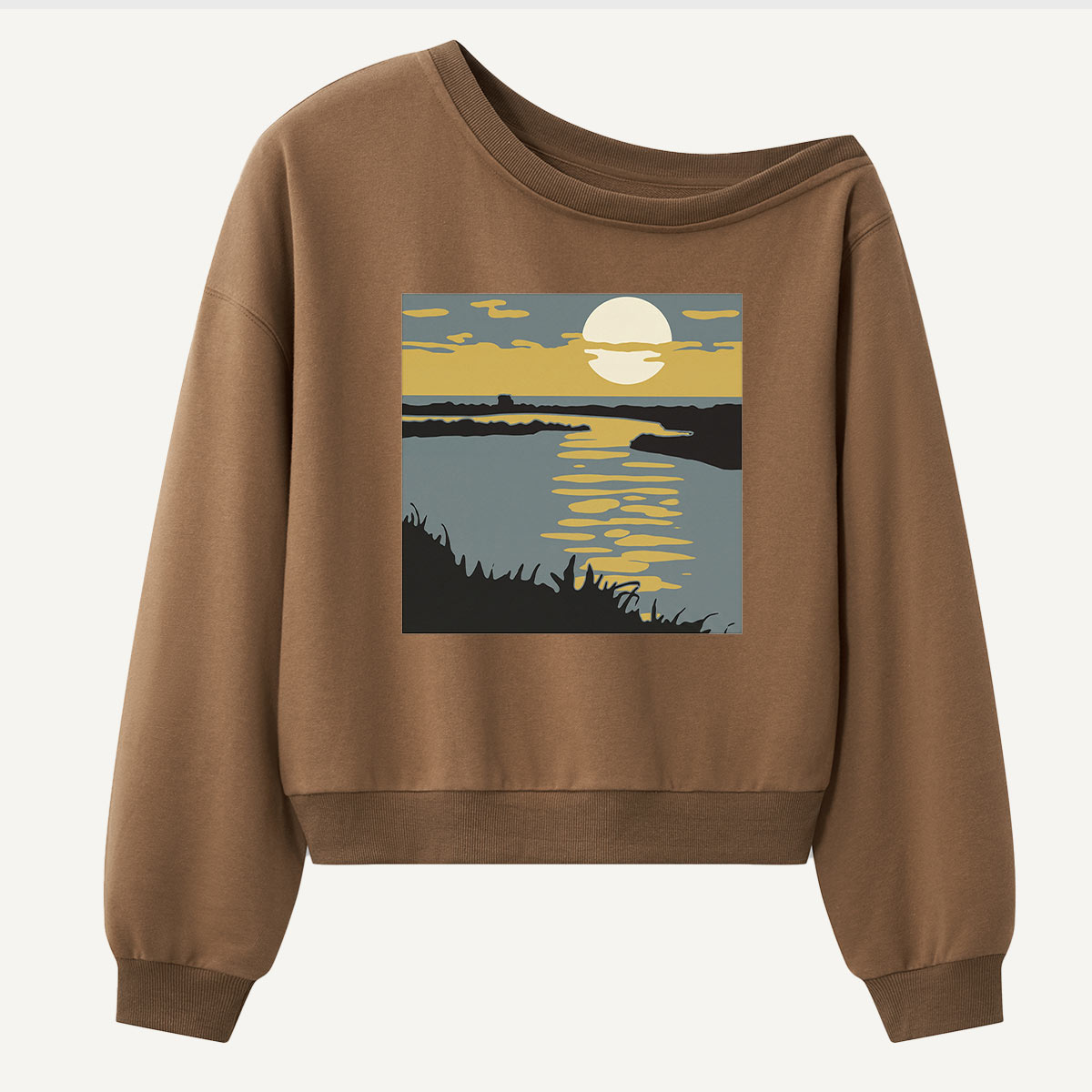 Moonlit Forest Reflection Landscape Women Off Shoulder Sweatshirt